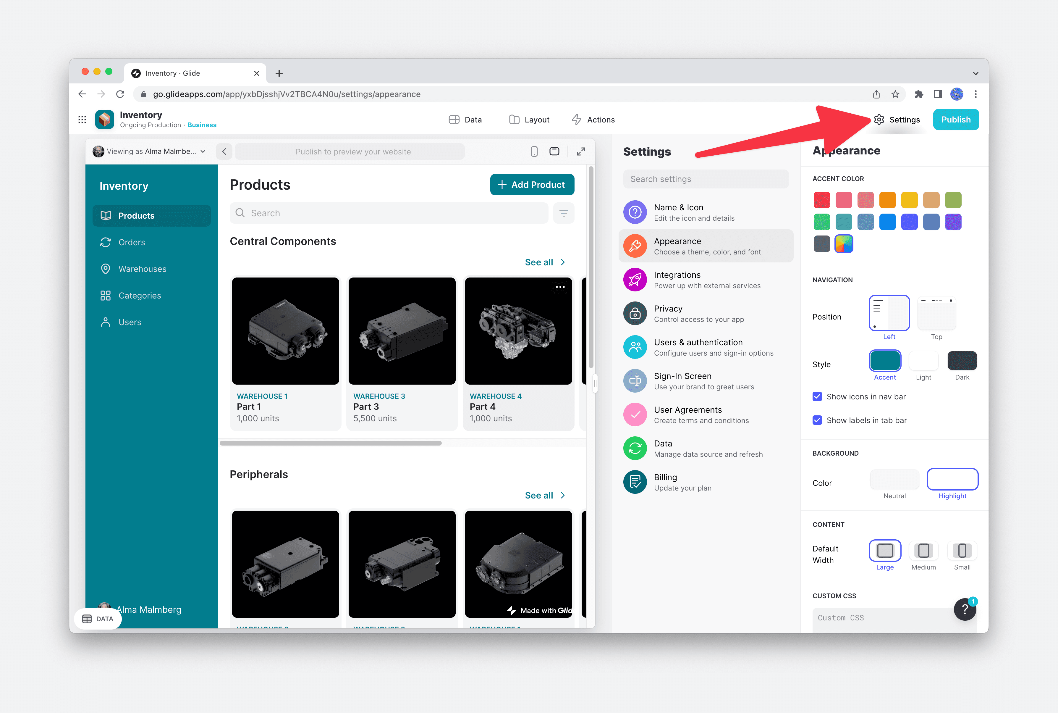Settings in Glide