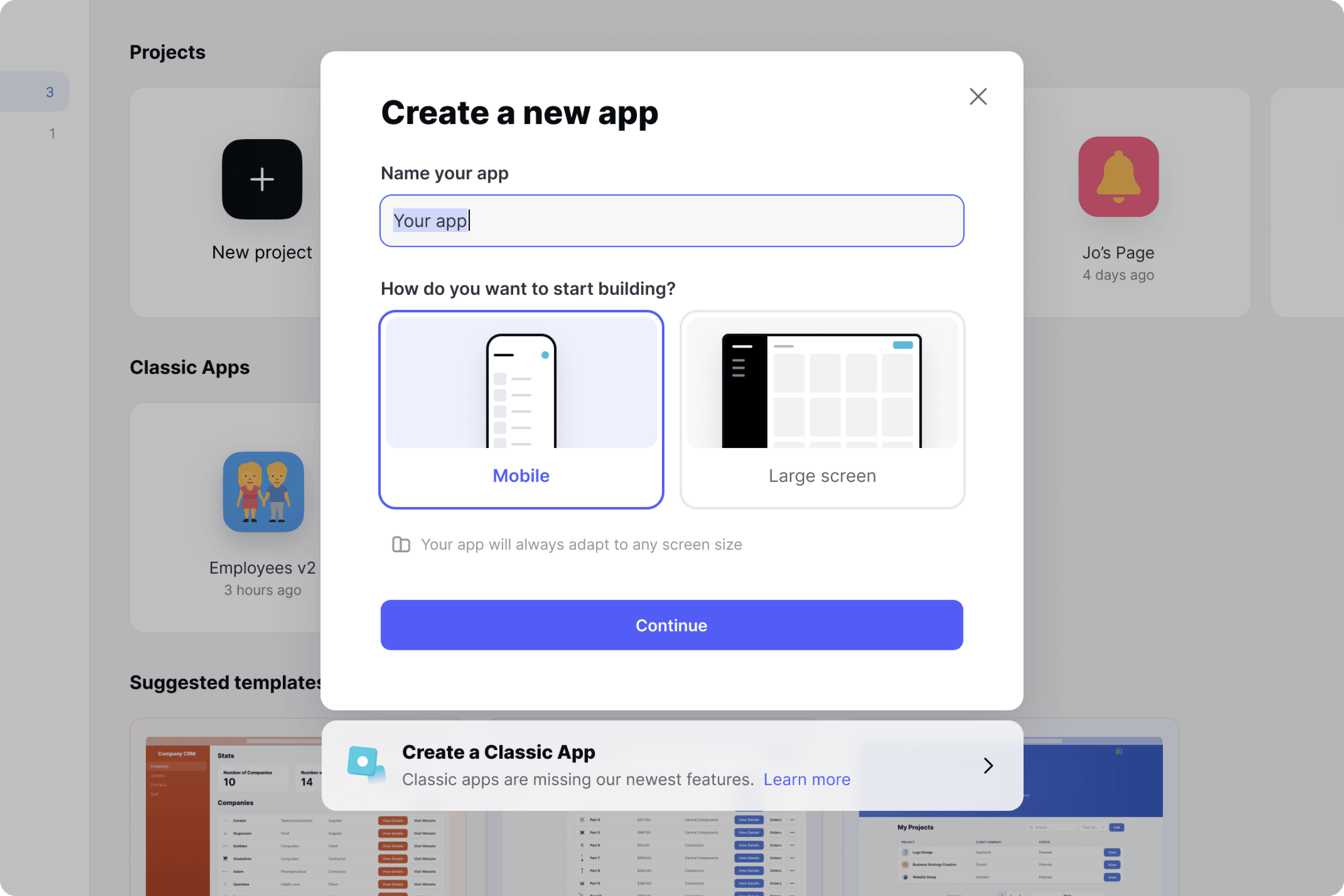 Users who signed up to Glide before March 20th, 2023 will still be able to create Classic Apps.