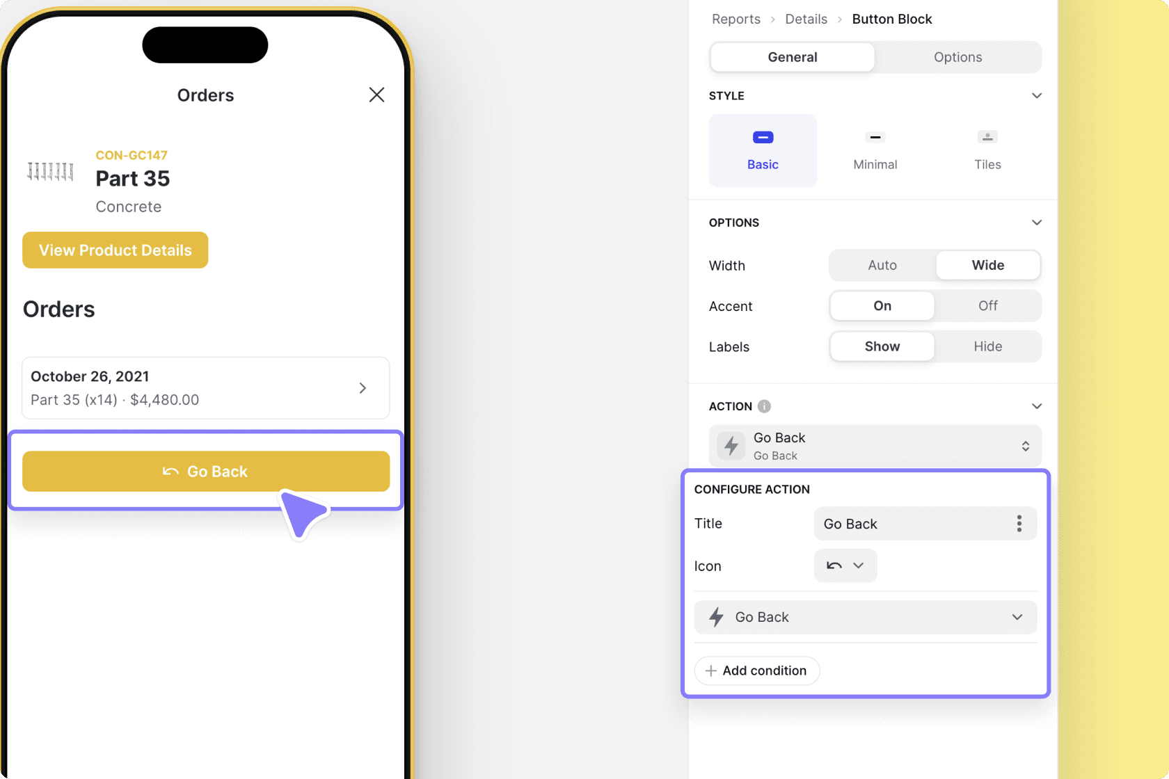 Configuring the Go Back action