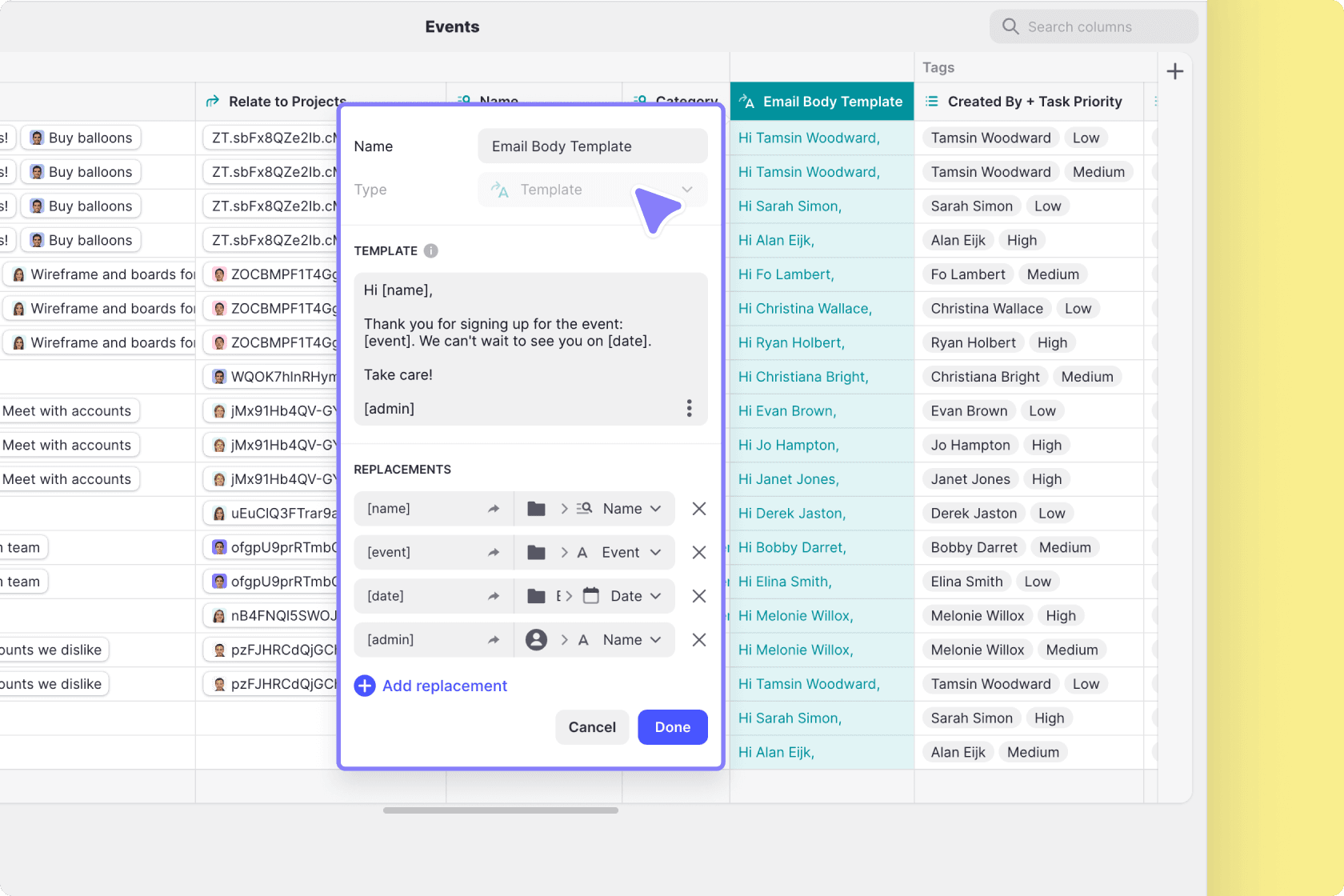 Creating a dynamic email using the Template Column