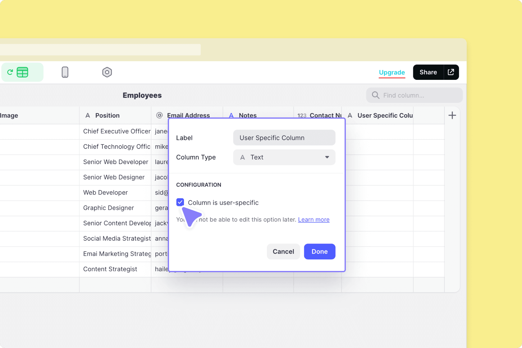 Creating a user-specific column from a basic Text column