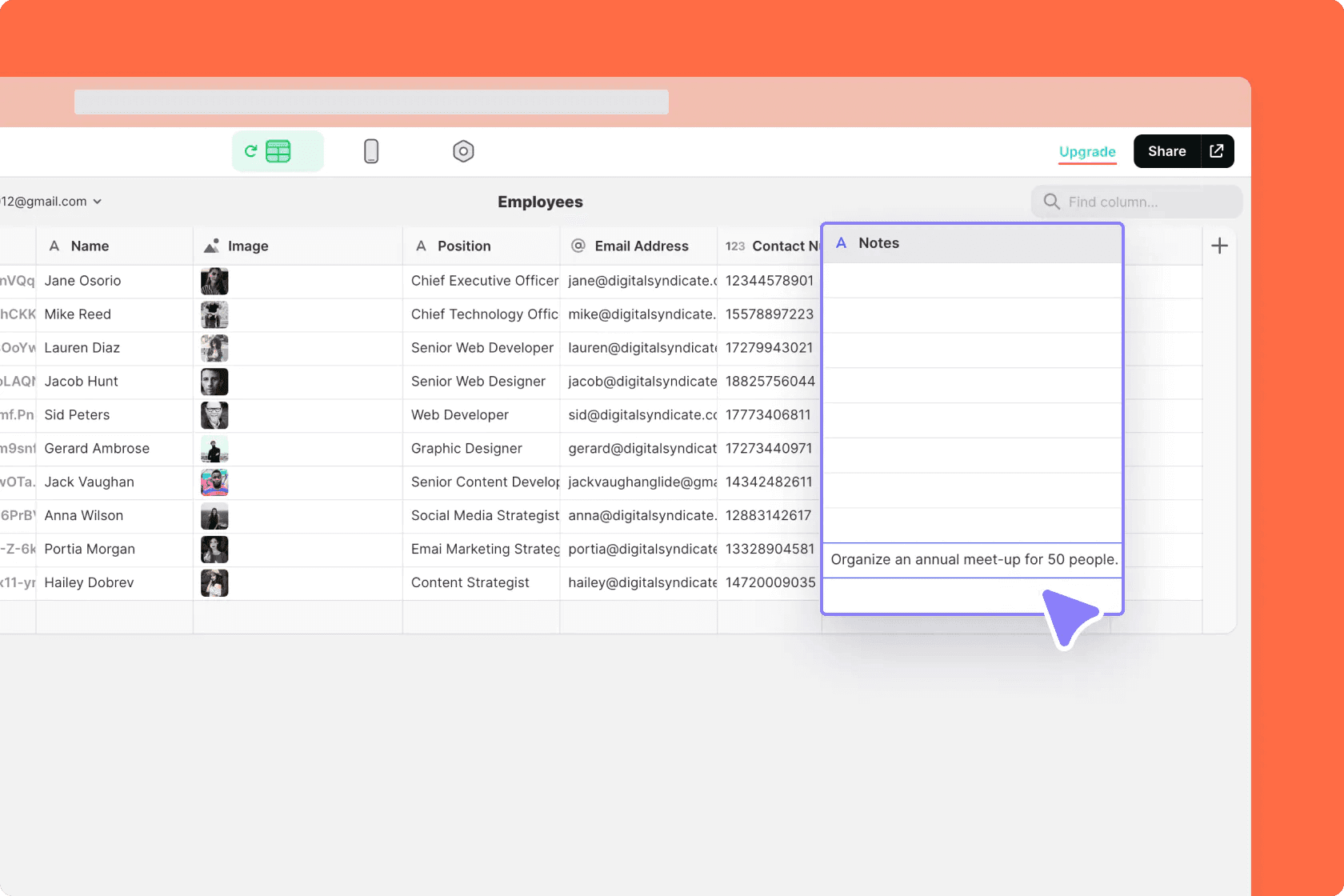 Example of the Notes Component data in the Data Editor