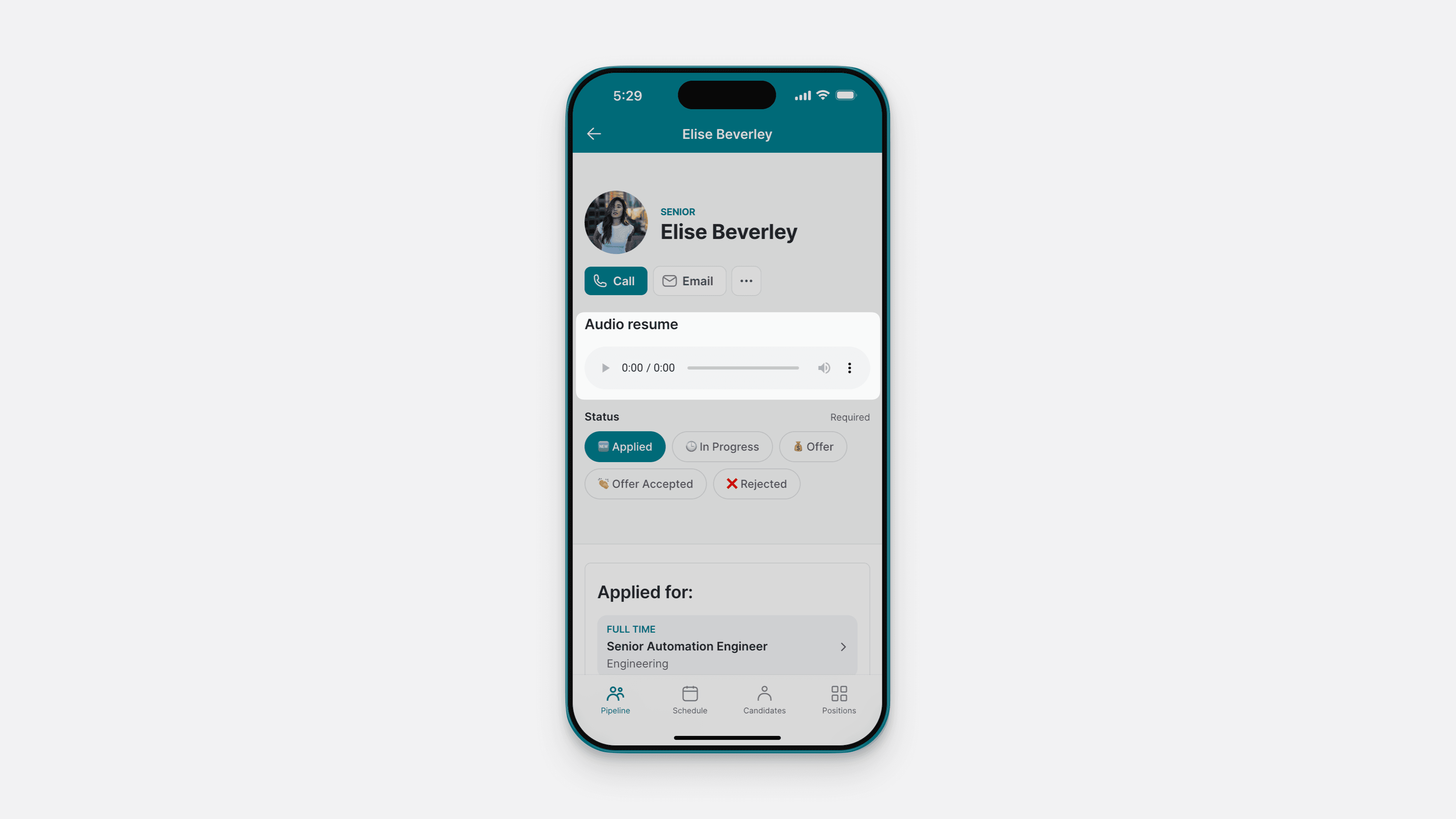 Use case of the Audio Component in an Applicant Tracker app