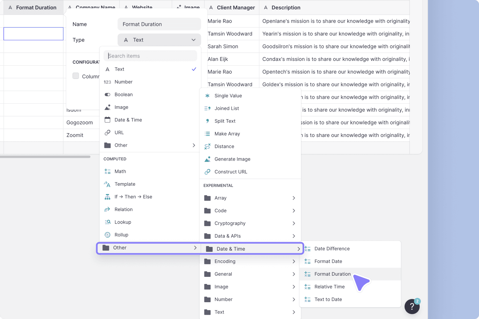 Choosing the Format Duration column