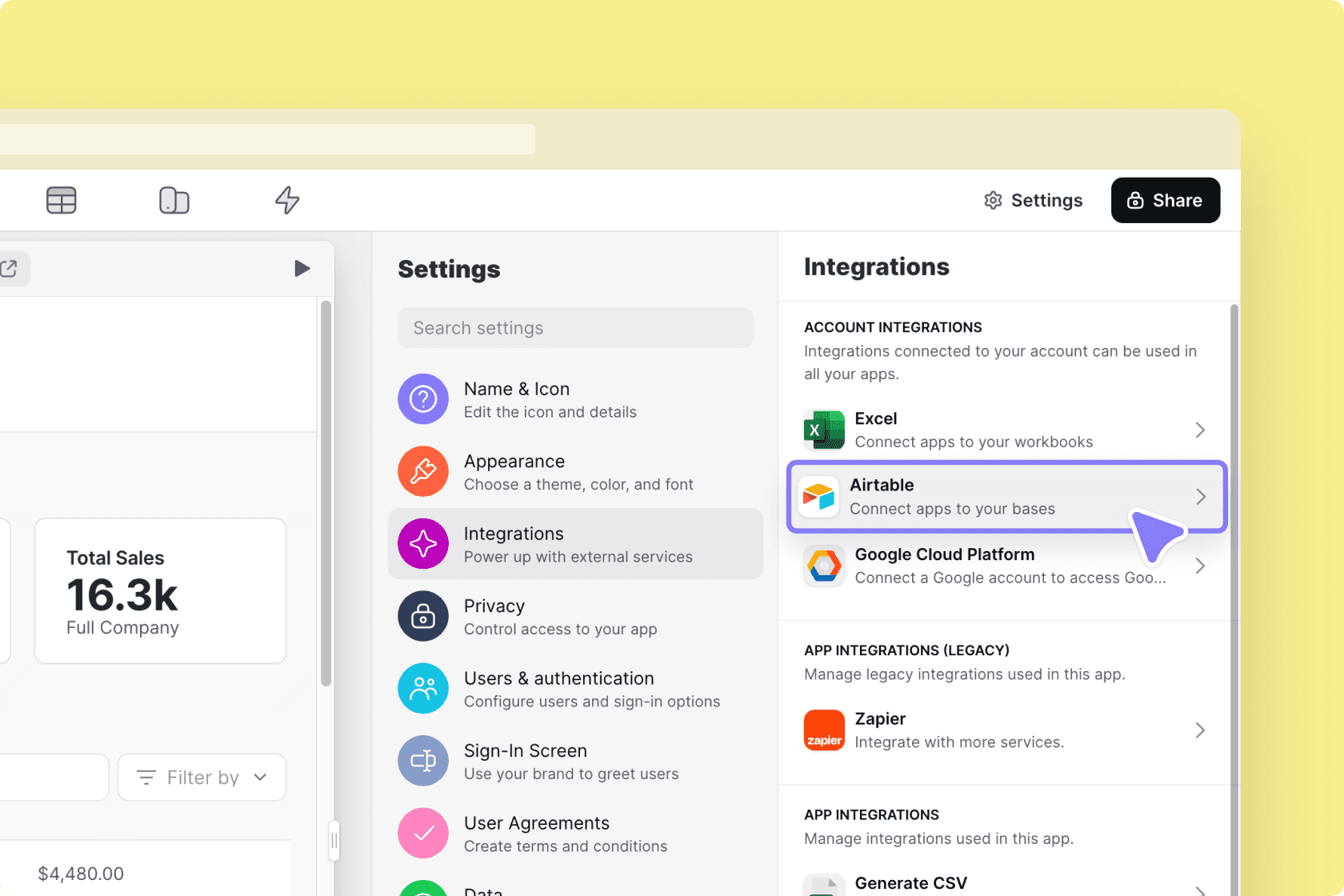 Choosing the Airtable to edit the API key