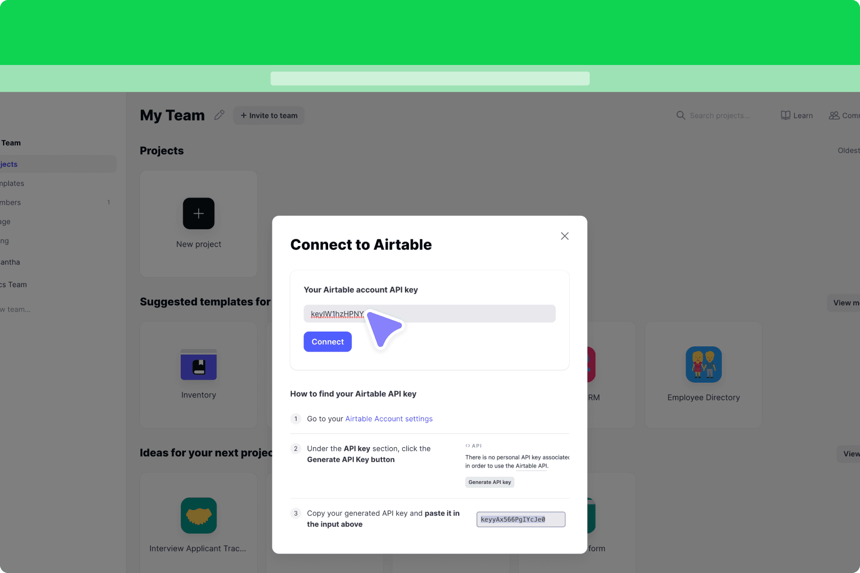 Entering your API key in Glide