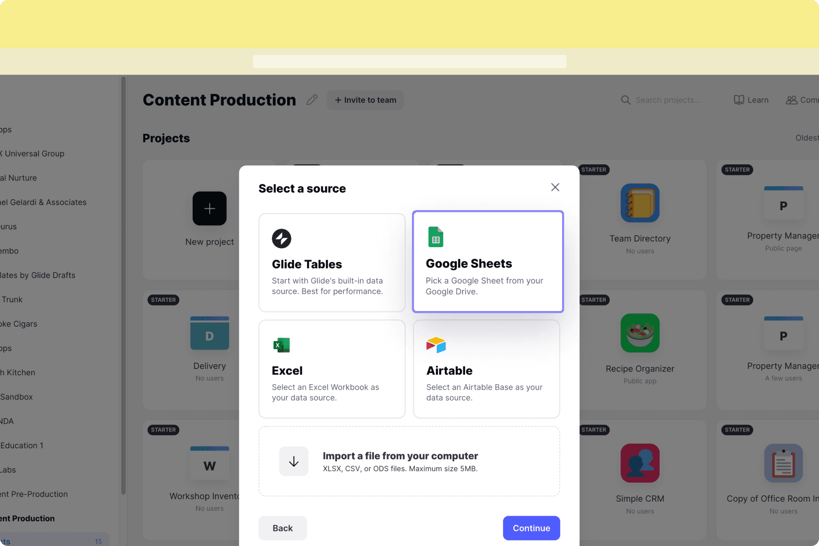 Image shows the modal to select a source with Google Sheets as the focus among all data source options
