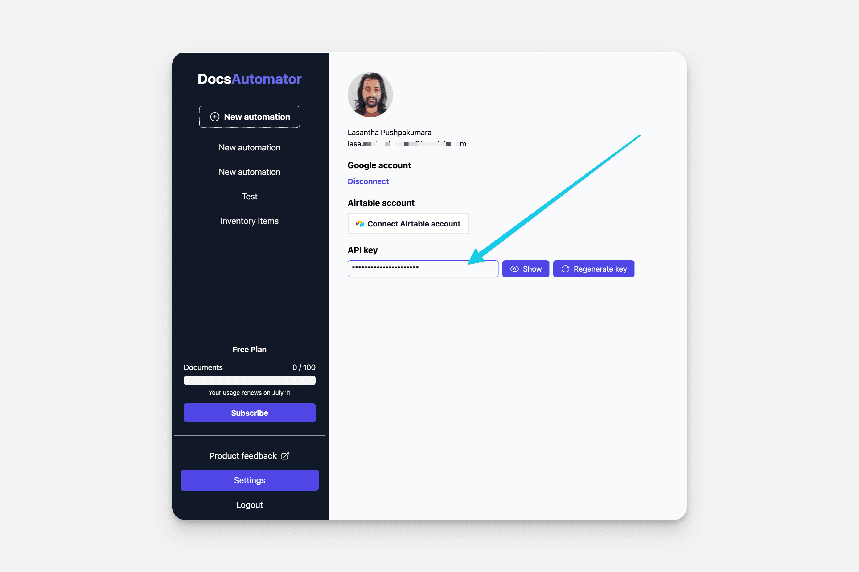 Locating the DocsAutomator API key
