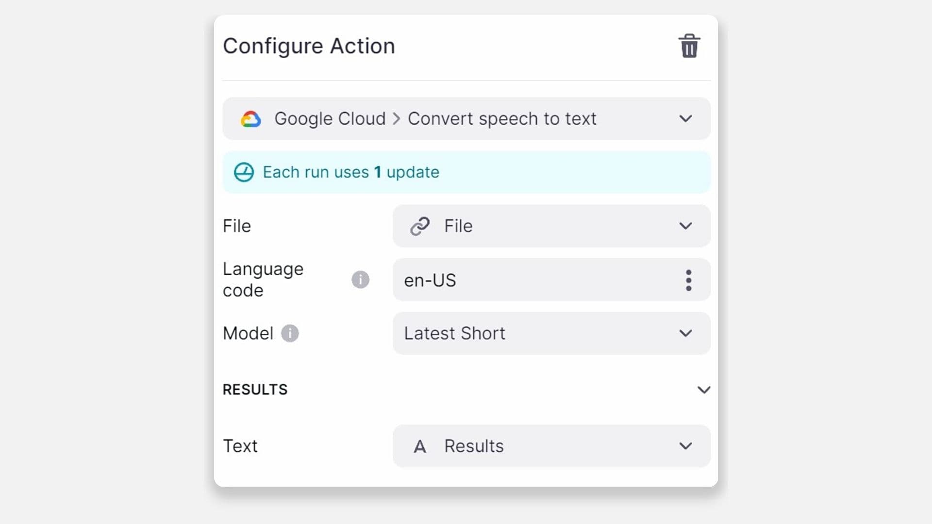 Configuring the Convert speech to text Action
