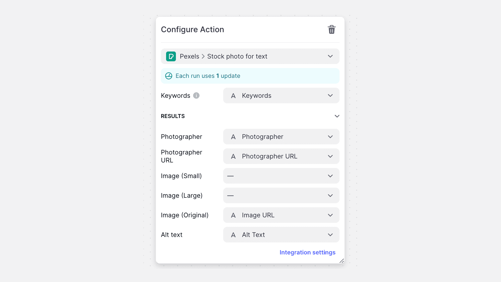 Configuring the Pexels Action 