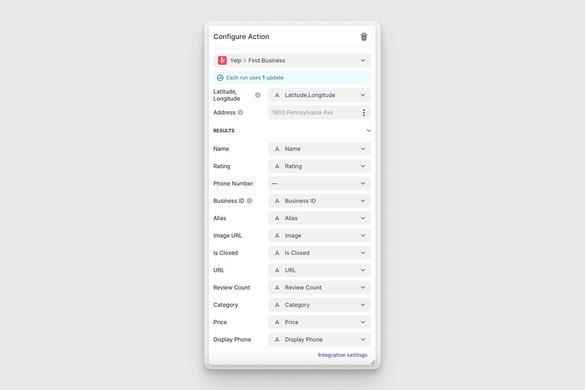 Configuring the Find Business action