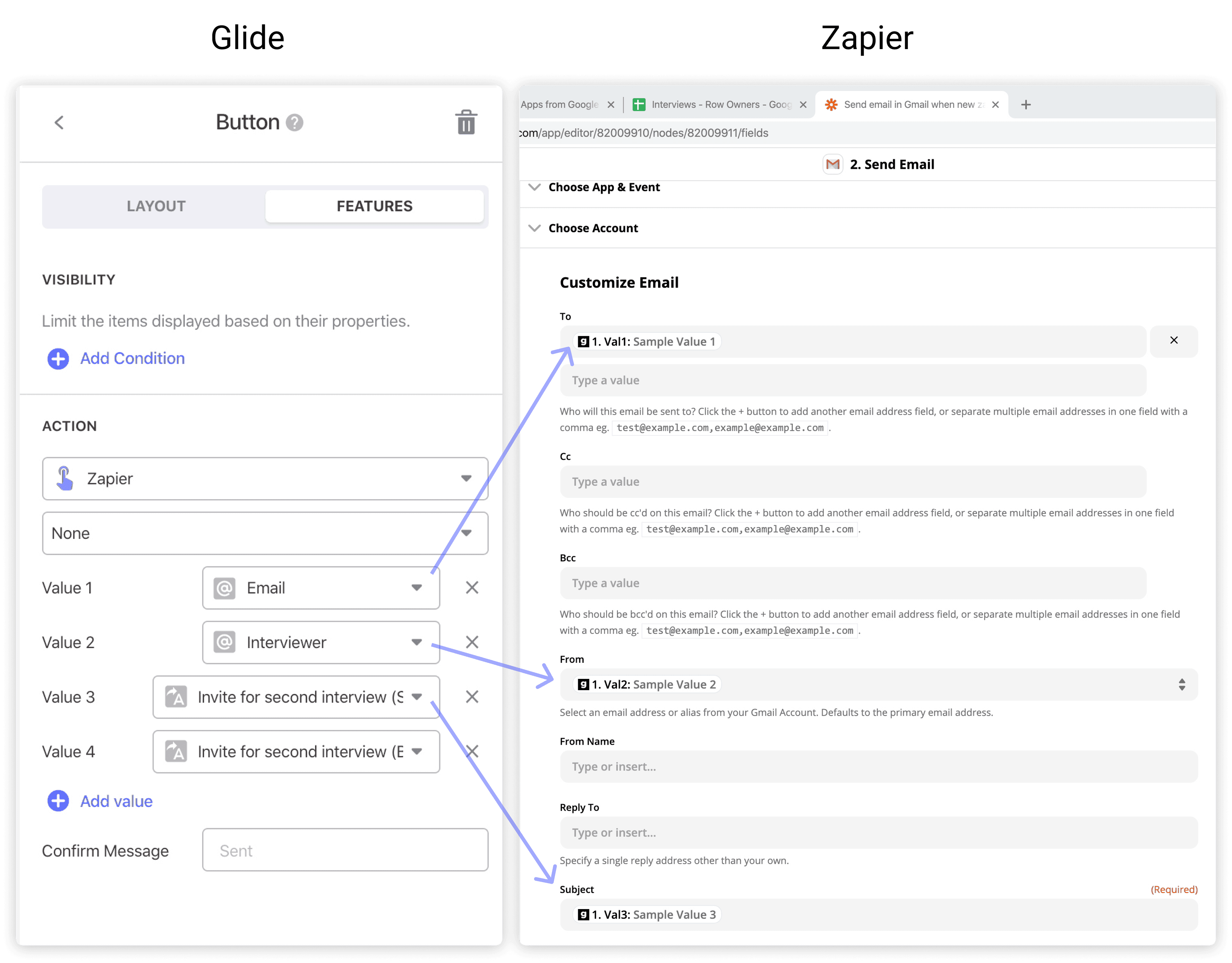 A comparison showing how values are passed between Glide & Zapier