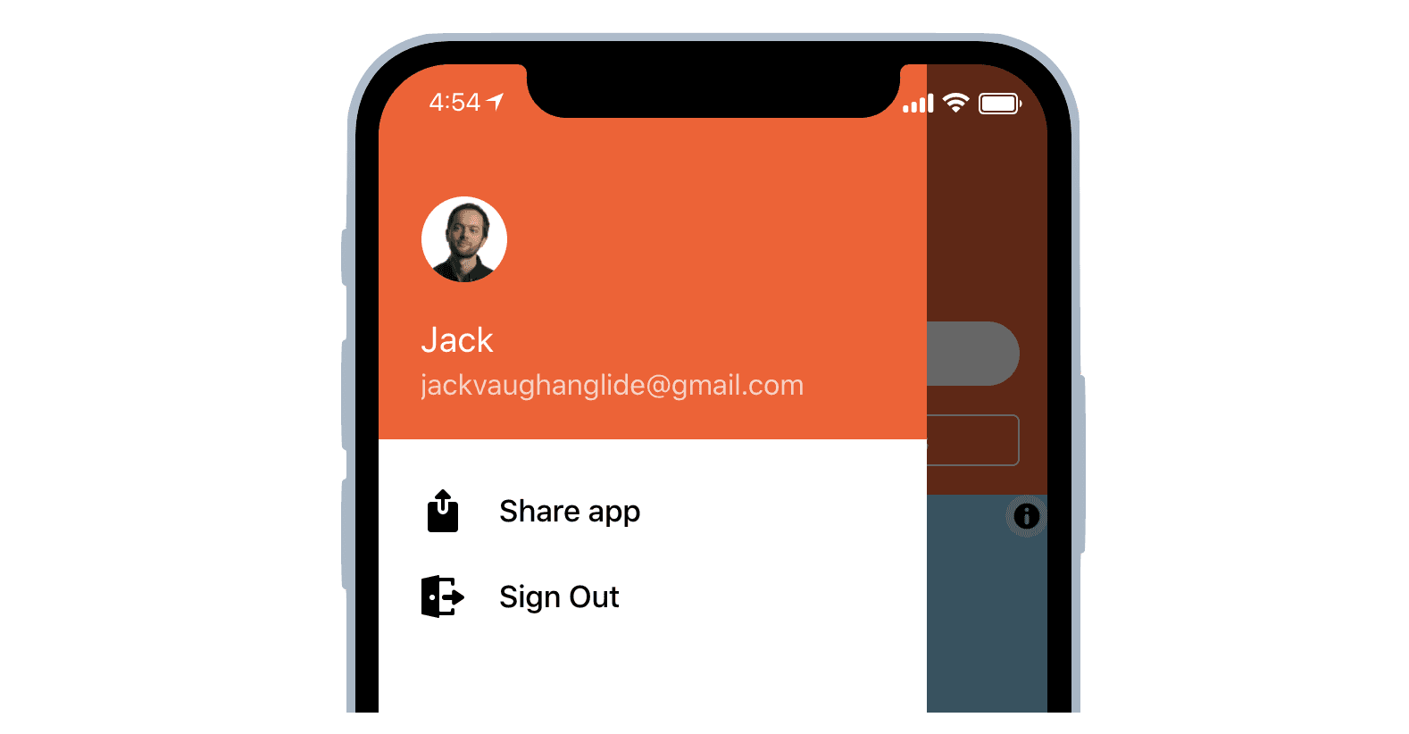 The name, email & avatar of the signed-in user also shows up in the app menu