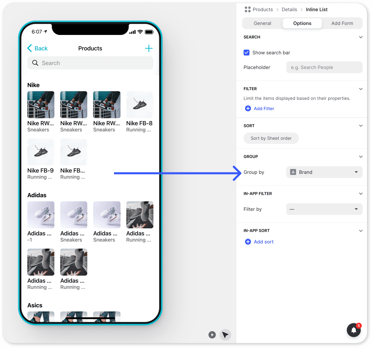 Grouping configuration for list items