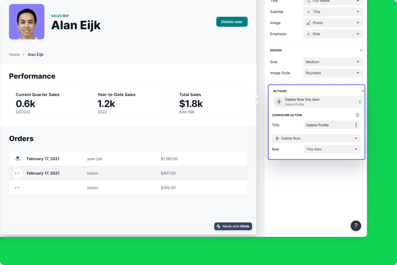 The Title Component (at the top) has a button it with the Delete Row action on it