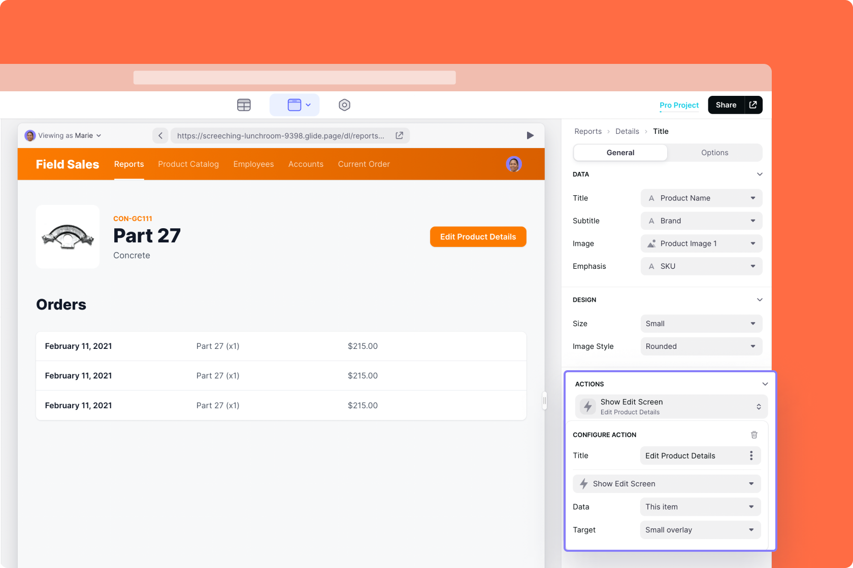 The Title Component (at the top) has a button with the Show Edit Screen action on it