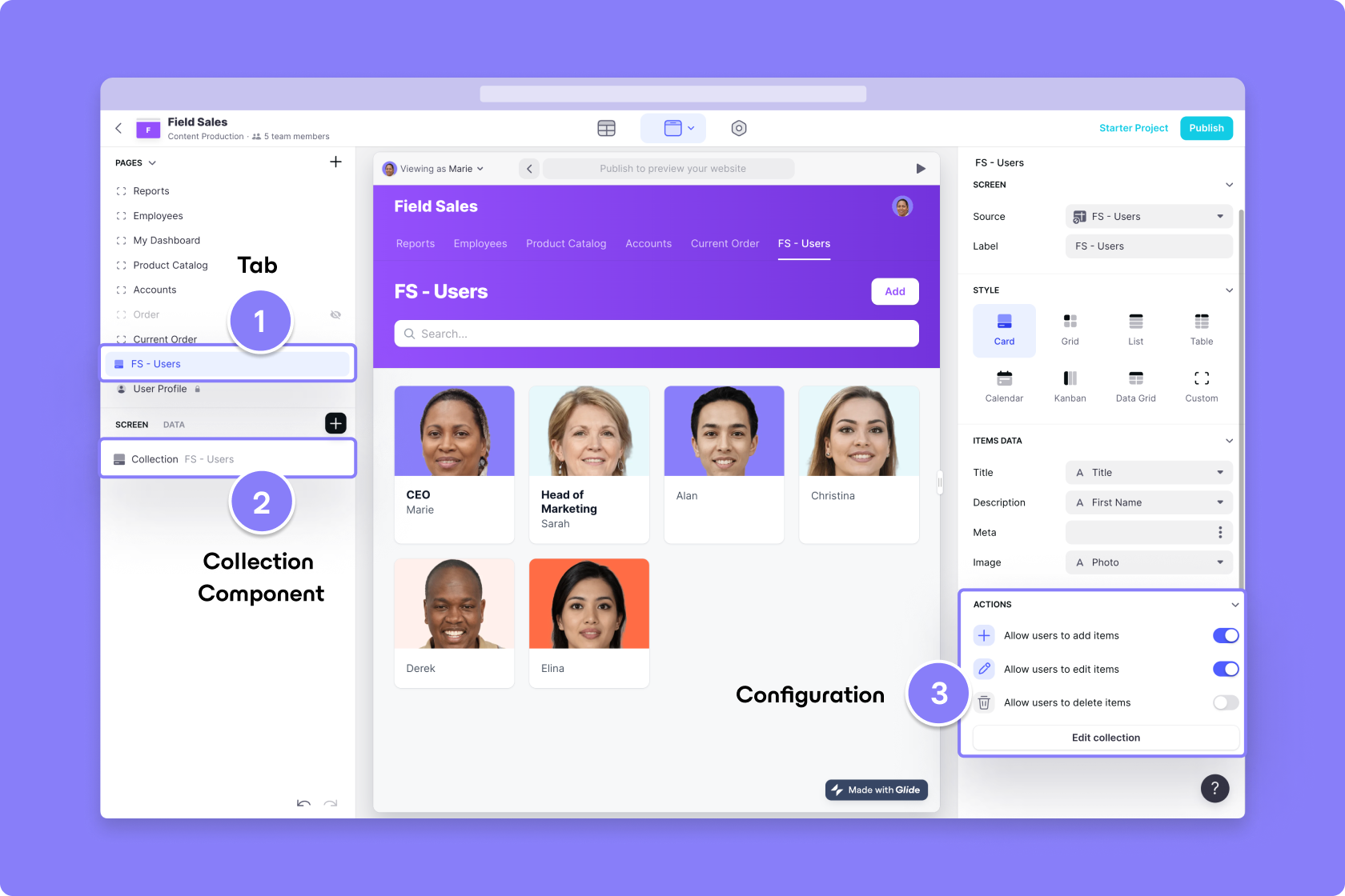Features and components when first creating a tab in Glide