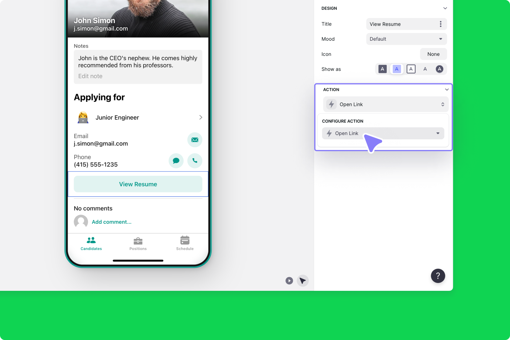 The Action settings in the Button Component's configuration panel