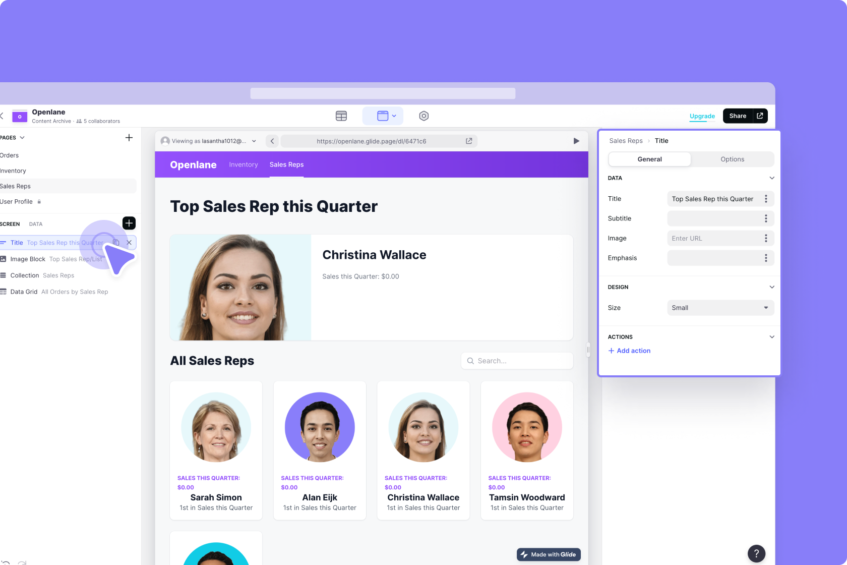 Clicking on a component in the **Screen Panel** will open its configuration settings on the right