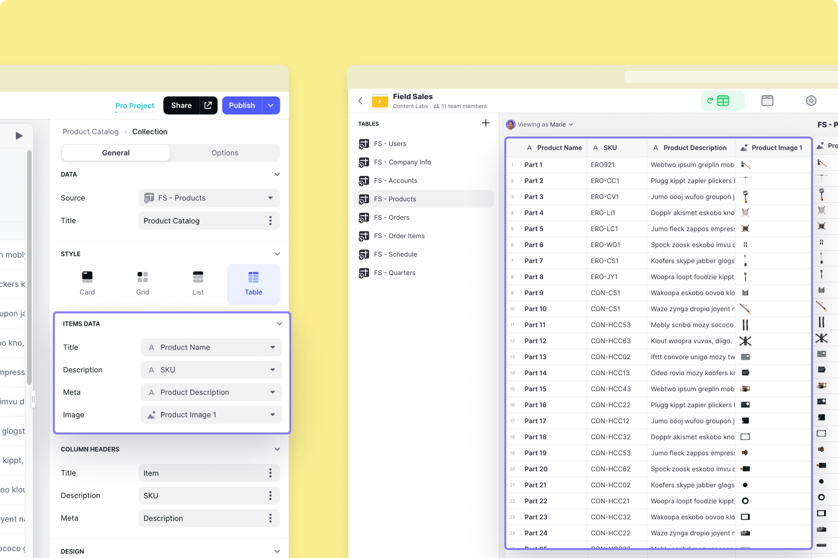 The configuration for the Collection Component (on the left) can show four columns from your table (right)