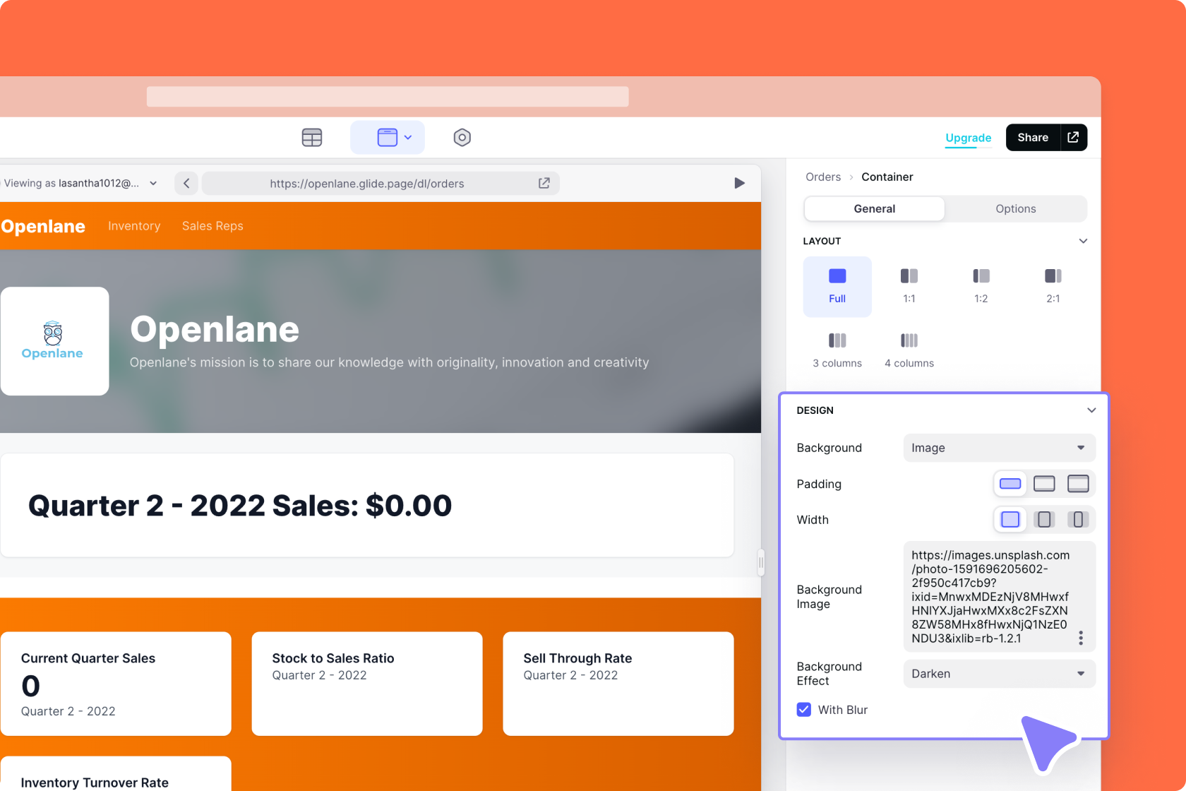 Configuring the design options in the Container Component