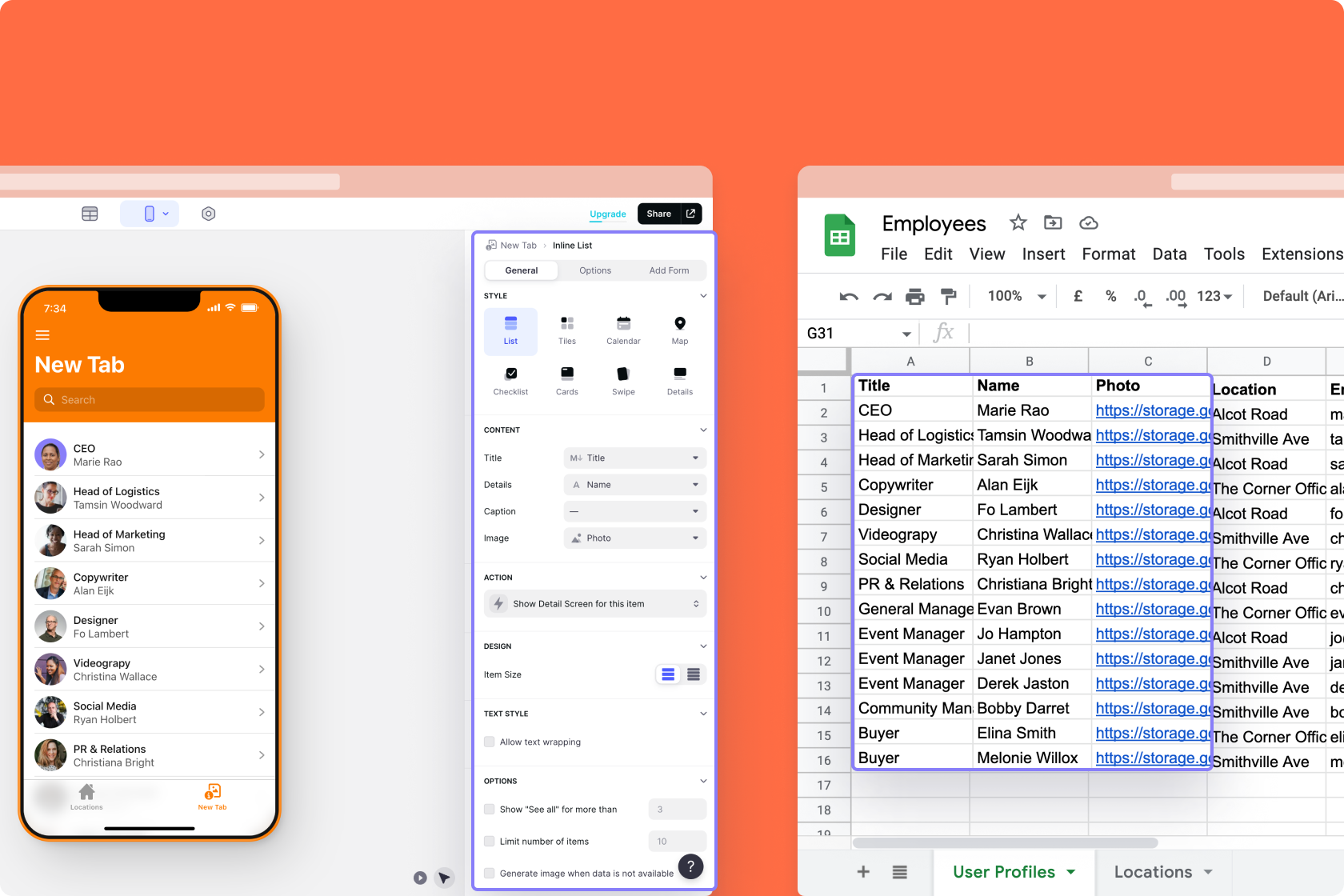 Configuration panel of a list layout