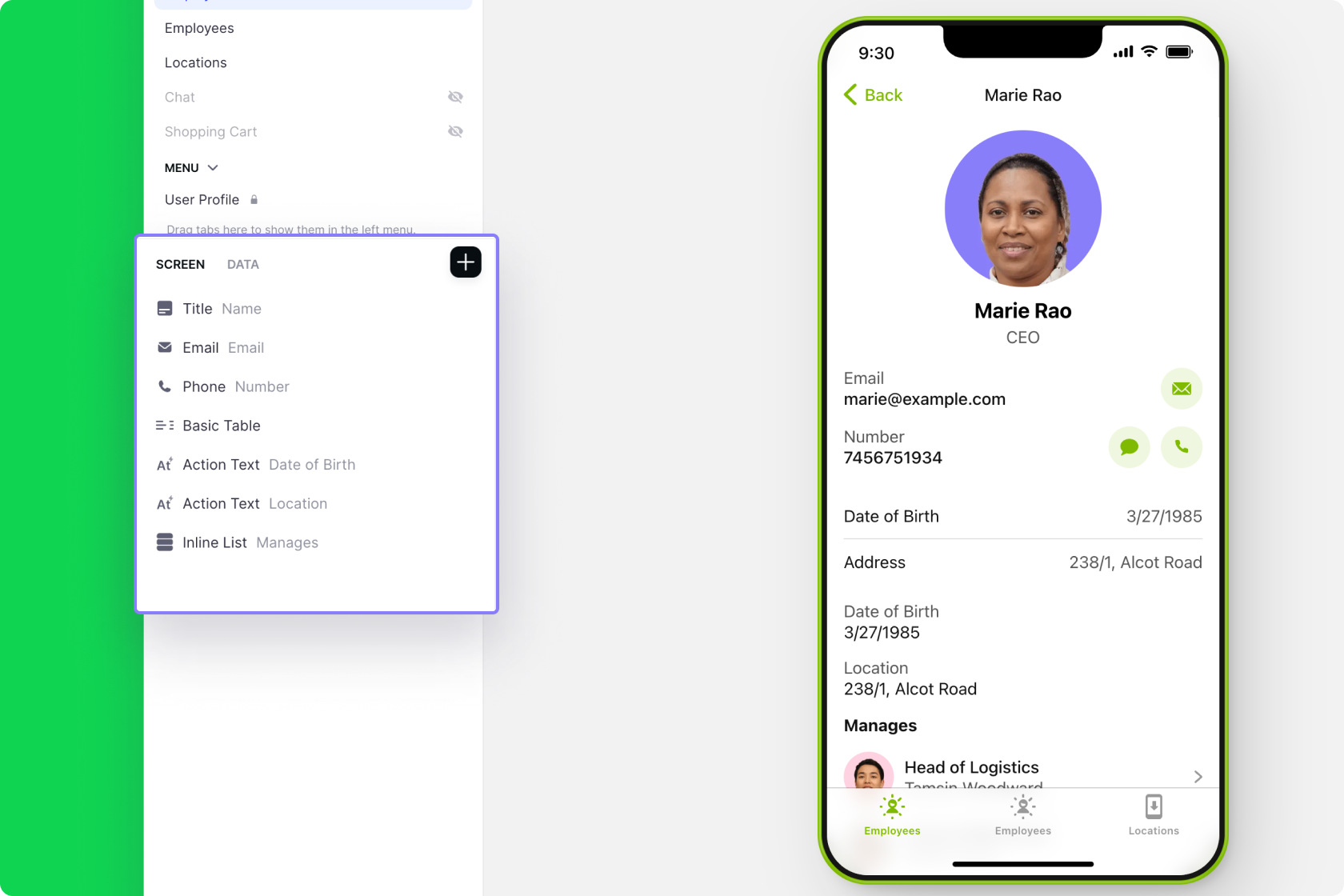 The components panel on a Details Screen