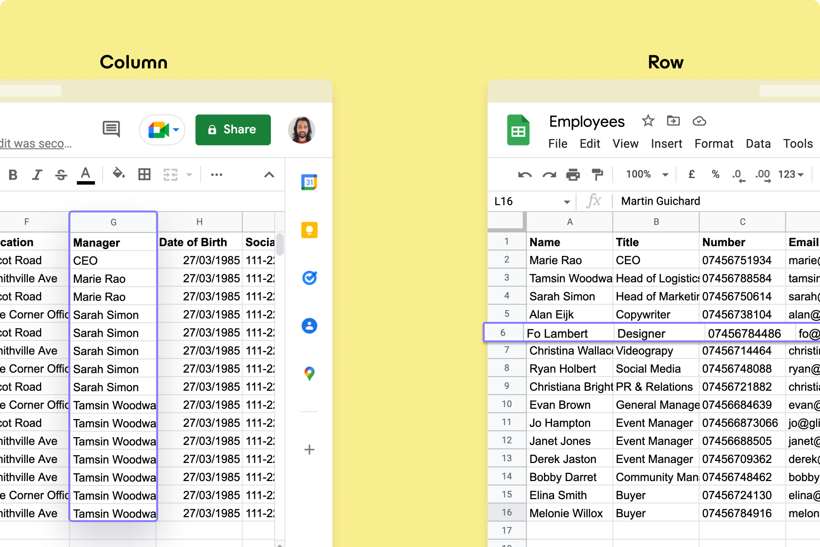 Rows and columns in Google Sheets
