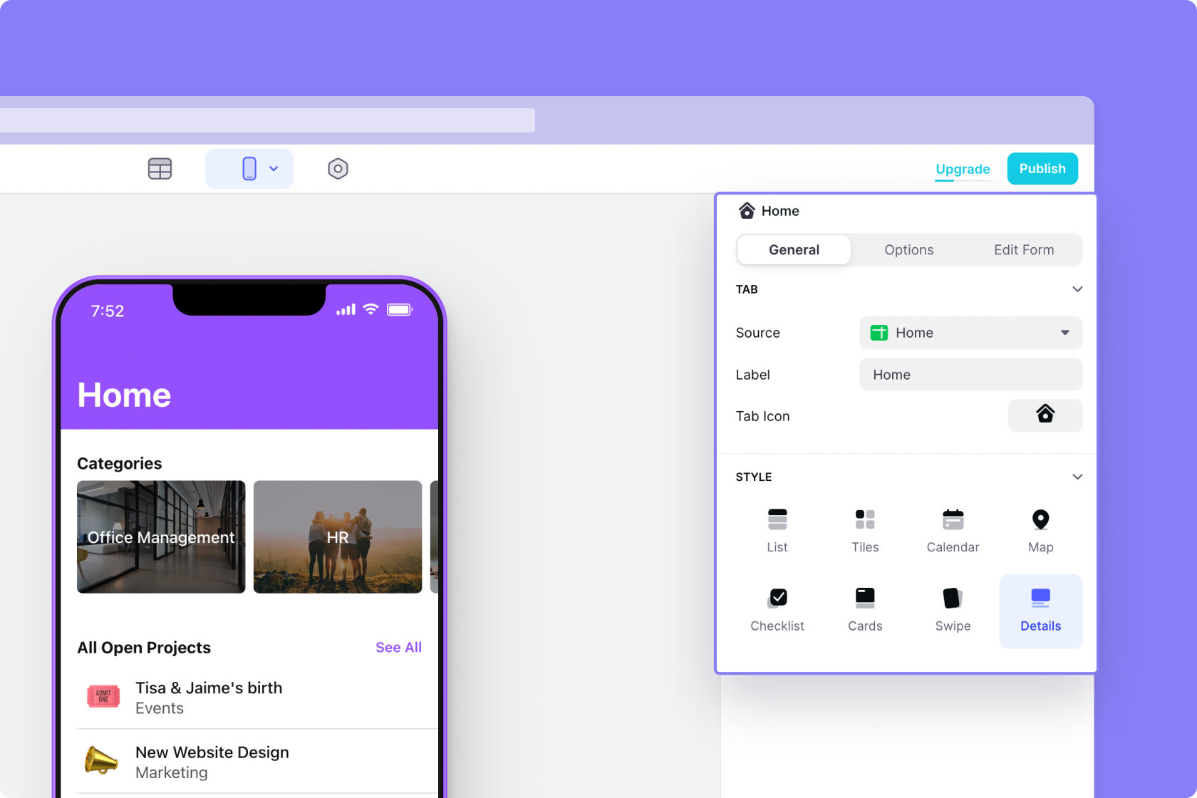 The configuration panel