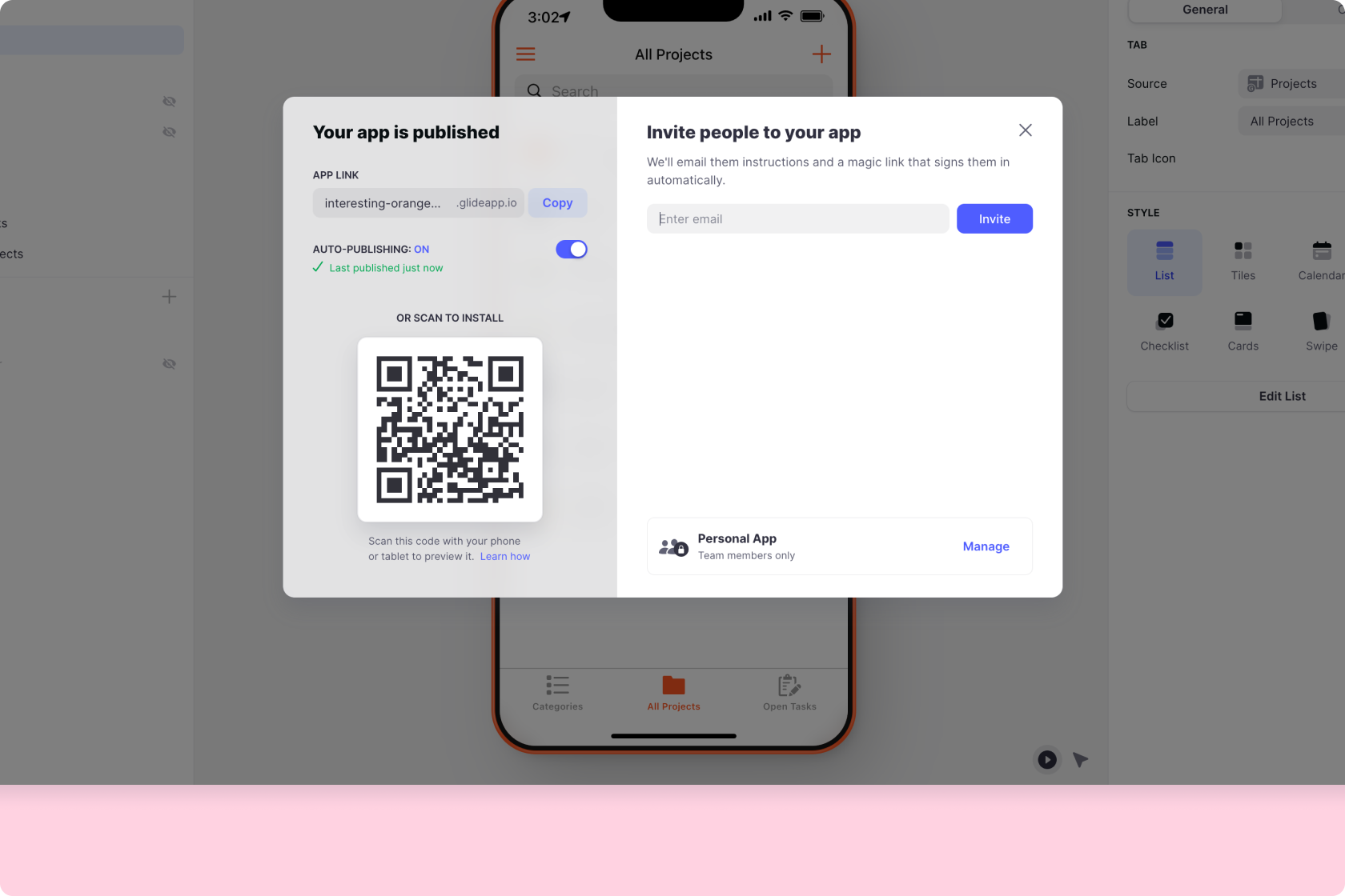 The share window where you can invite users to your project