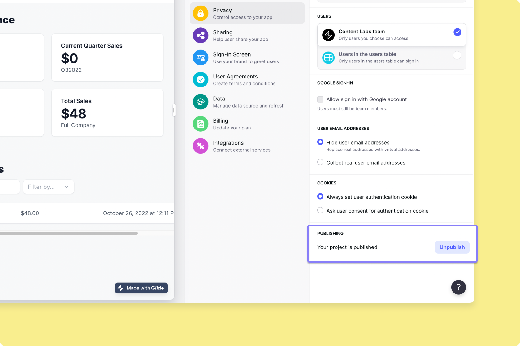 The Unpublish button in the Privacy Settings of a project