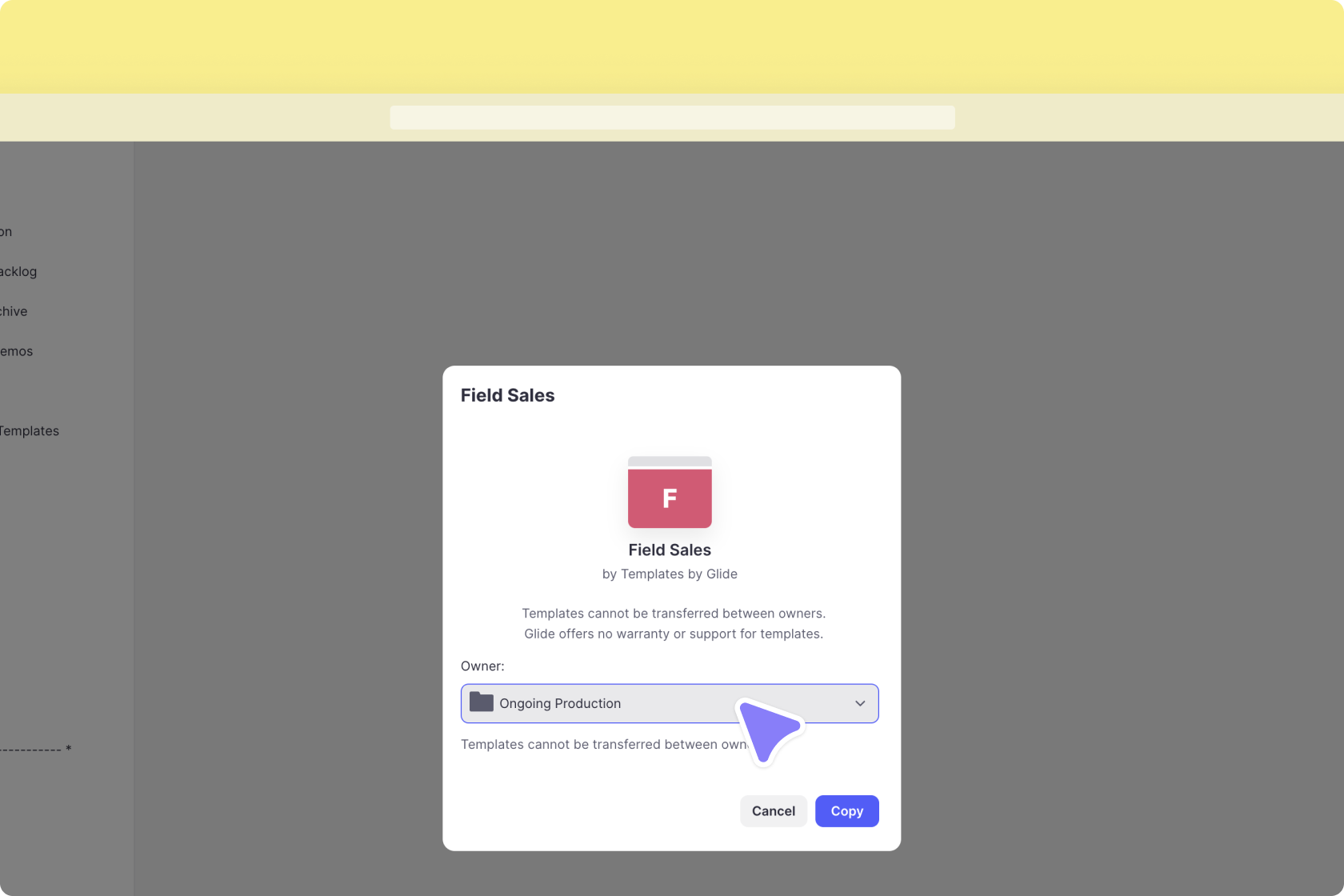 Choosing a team to add the Template