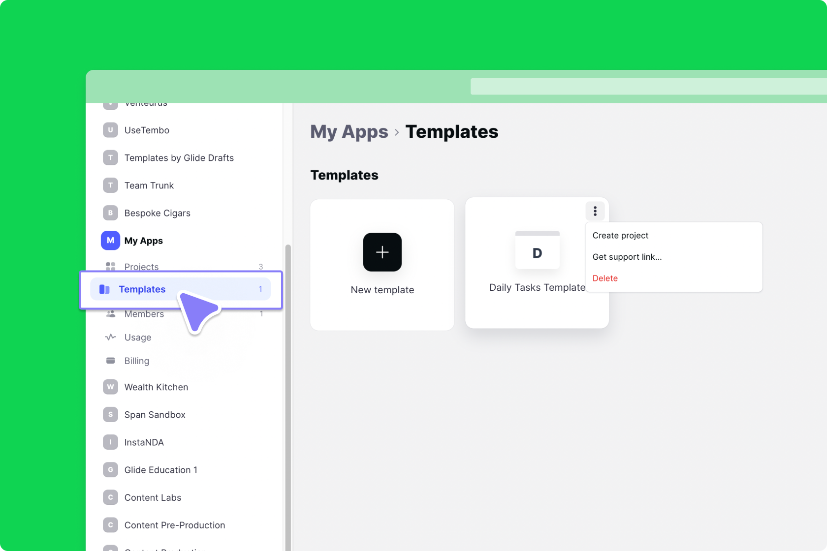 The Internal Templates area of your Glide Team