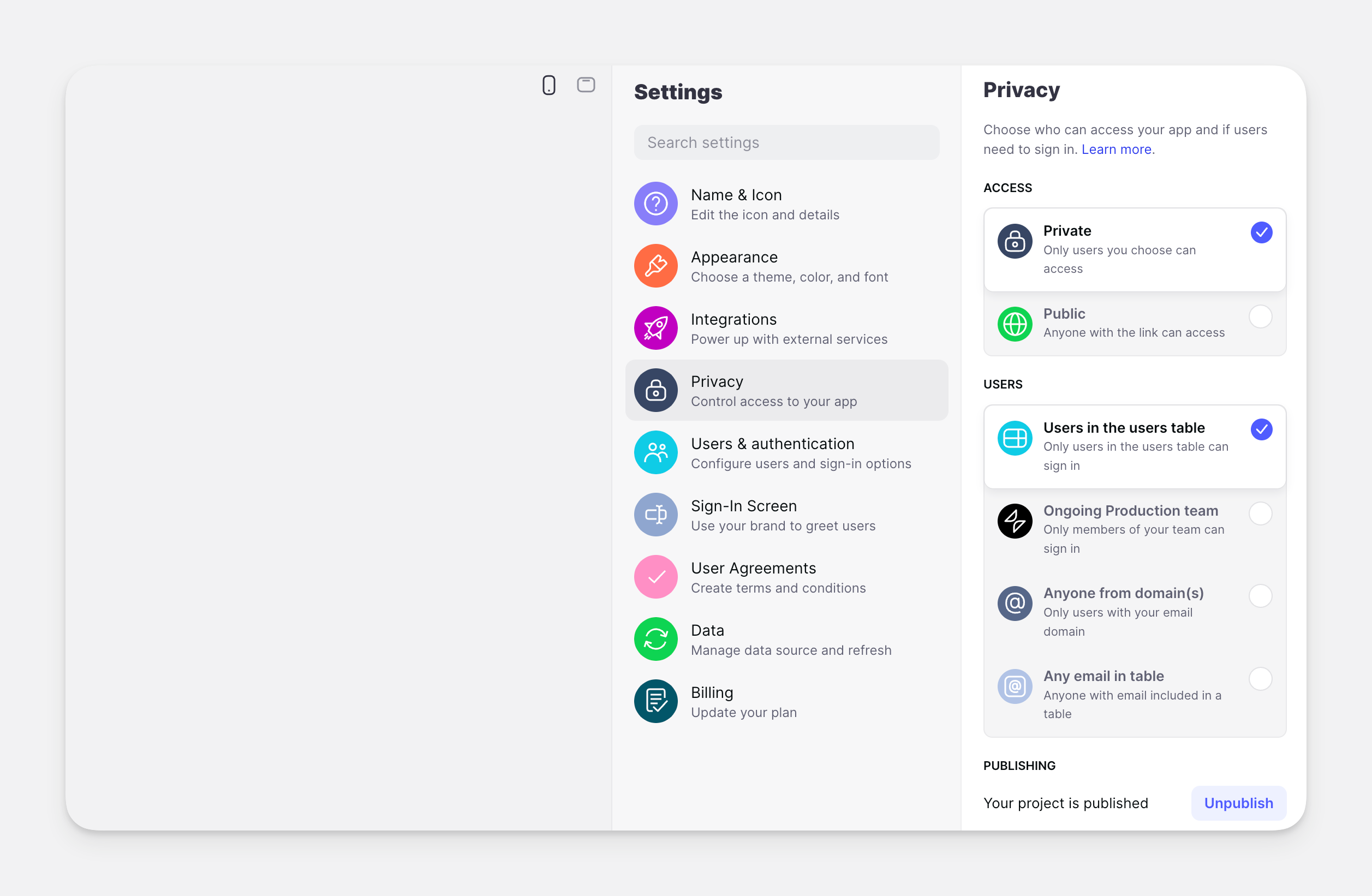 The project's privacy settings