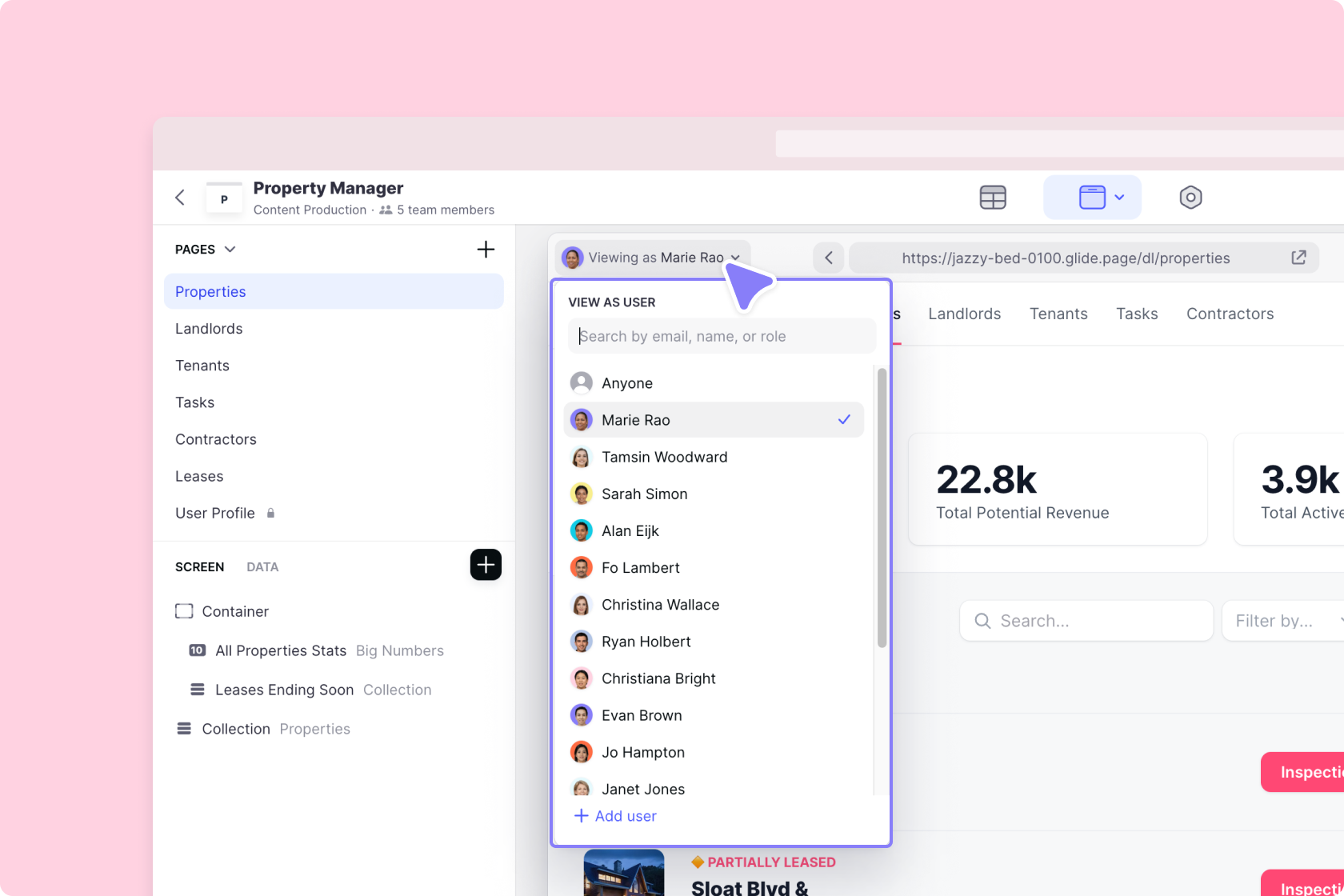 Opening the Preview-as menu in Glide