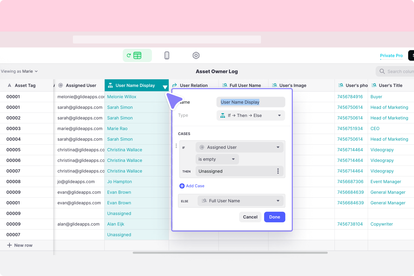 Configuring the If → Then → Else column in the Data Editor