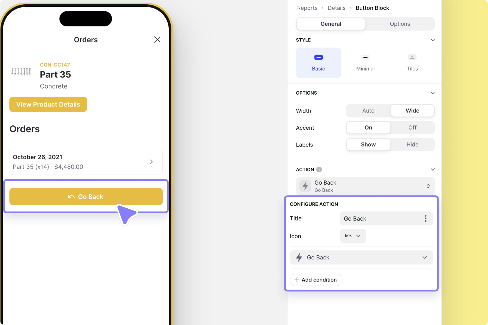 Configuring the Go Back action