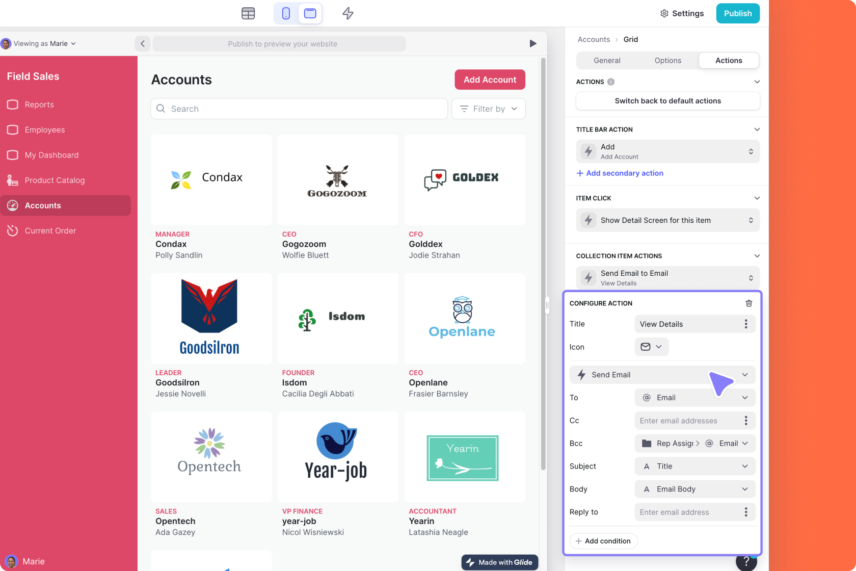 Configuring the Send Email action