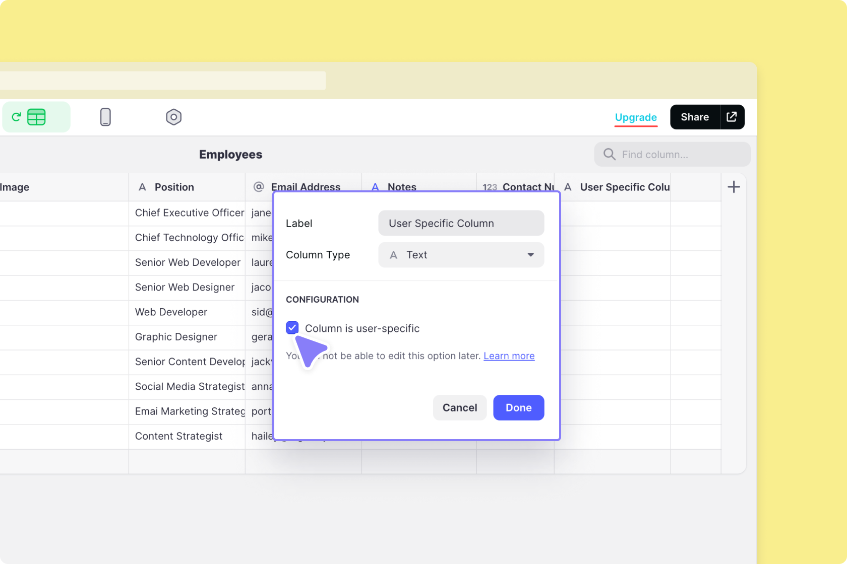 Creating a user-specific column from a basic Text column