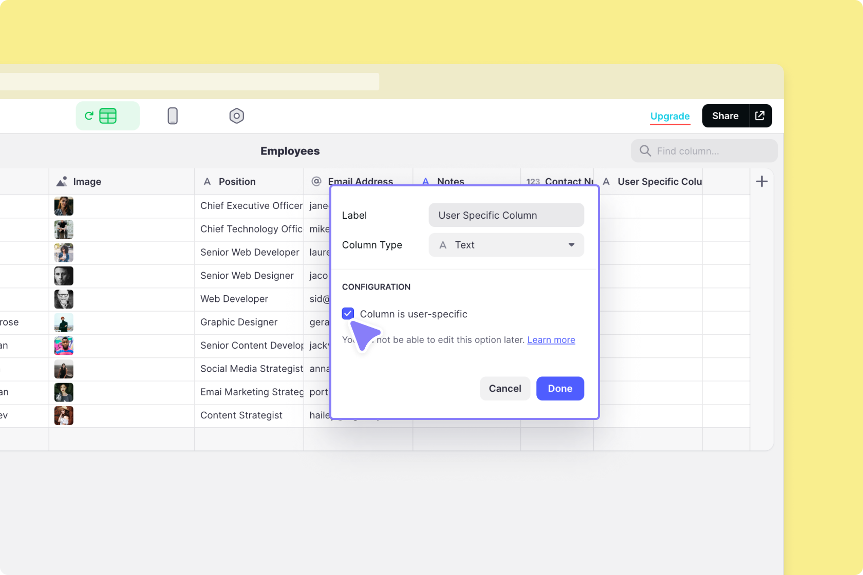 Enabling the user-specific option for a column