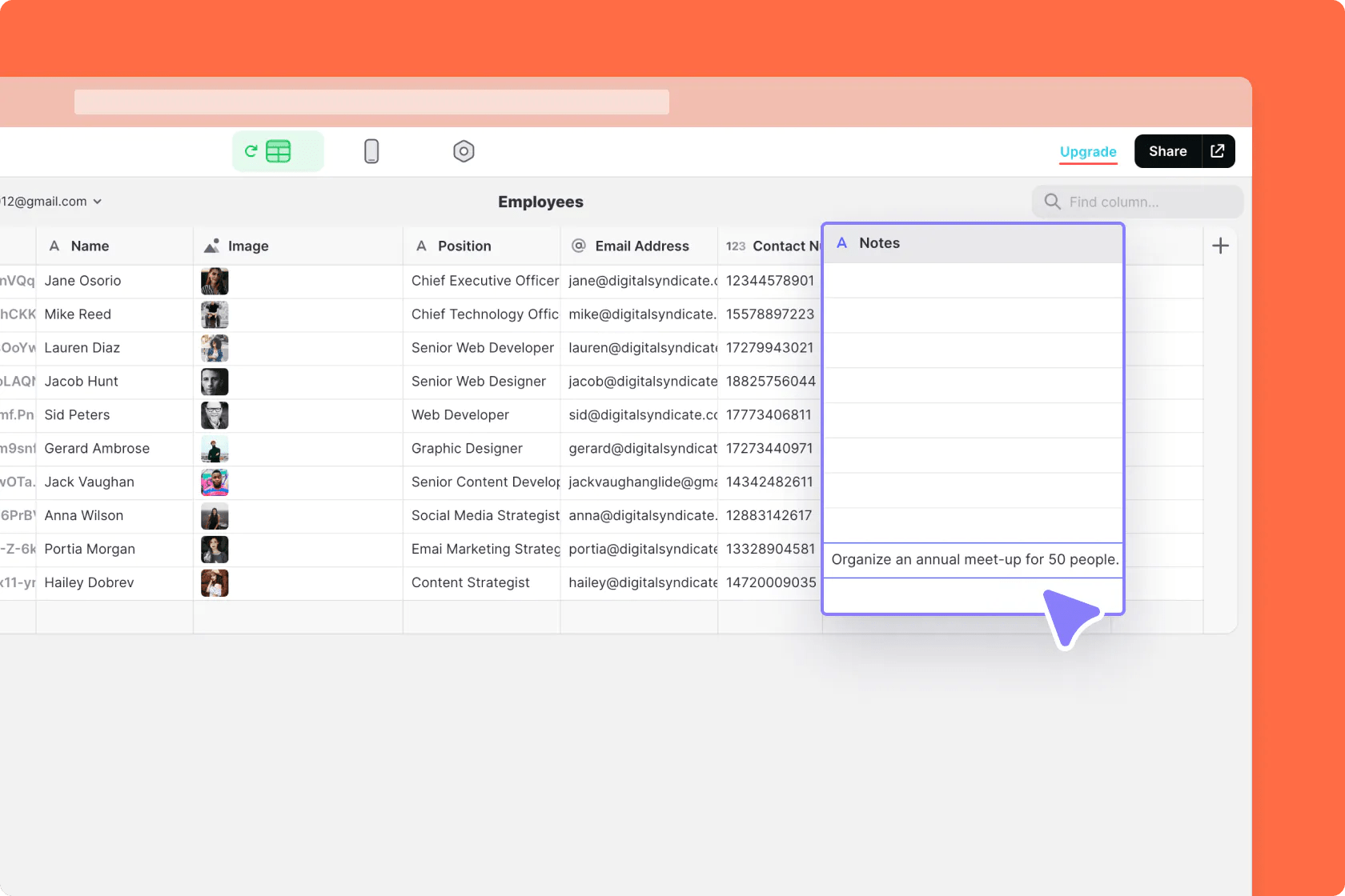 Example of the Notes Component data in the Data Editor