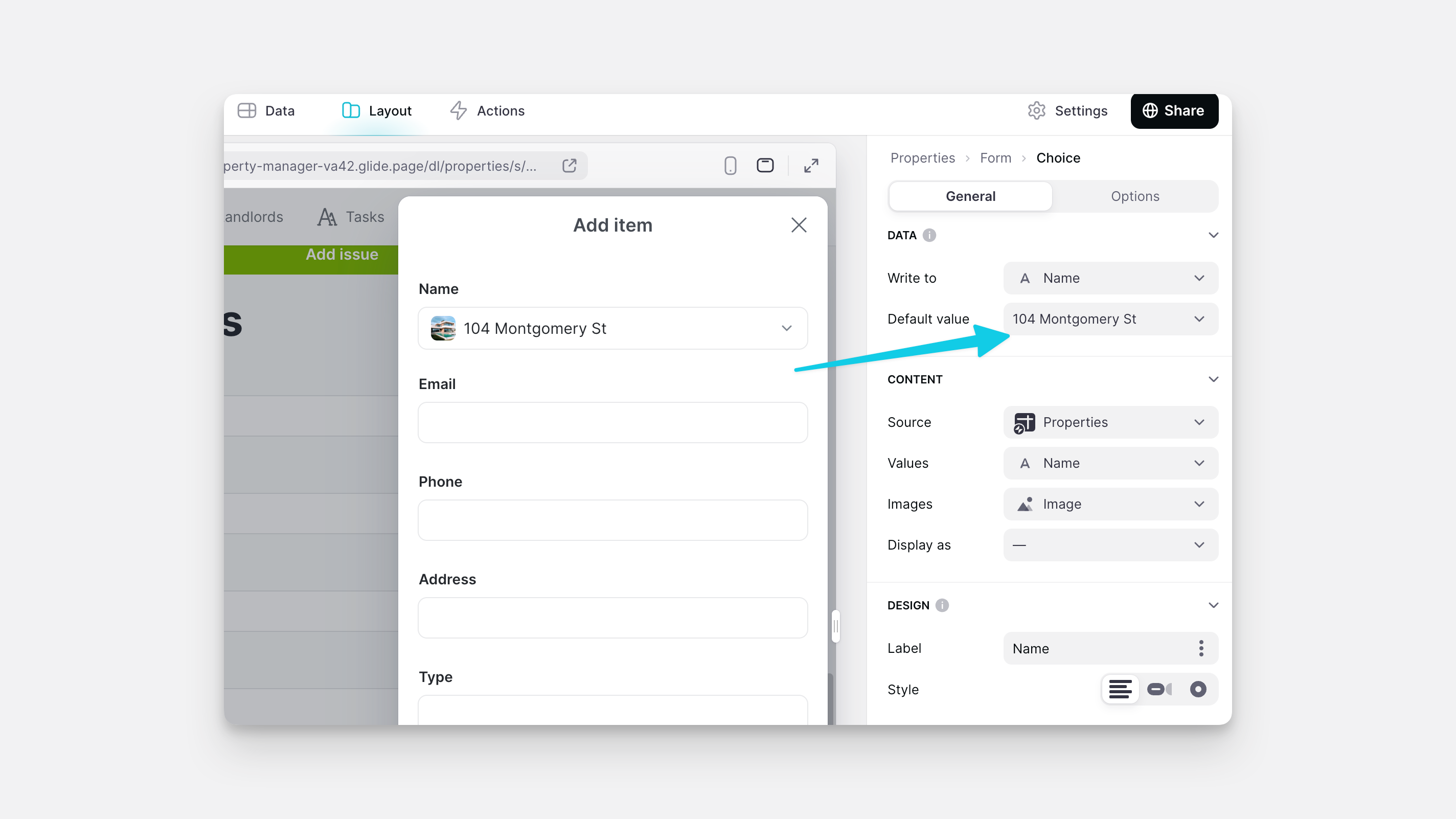 Setting the default value in the Show Form action