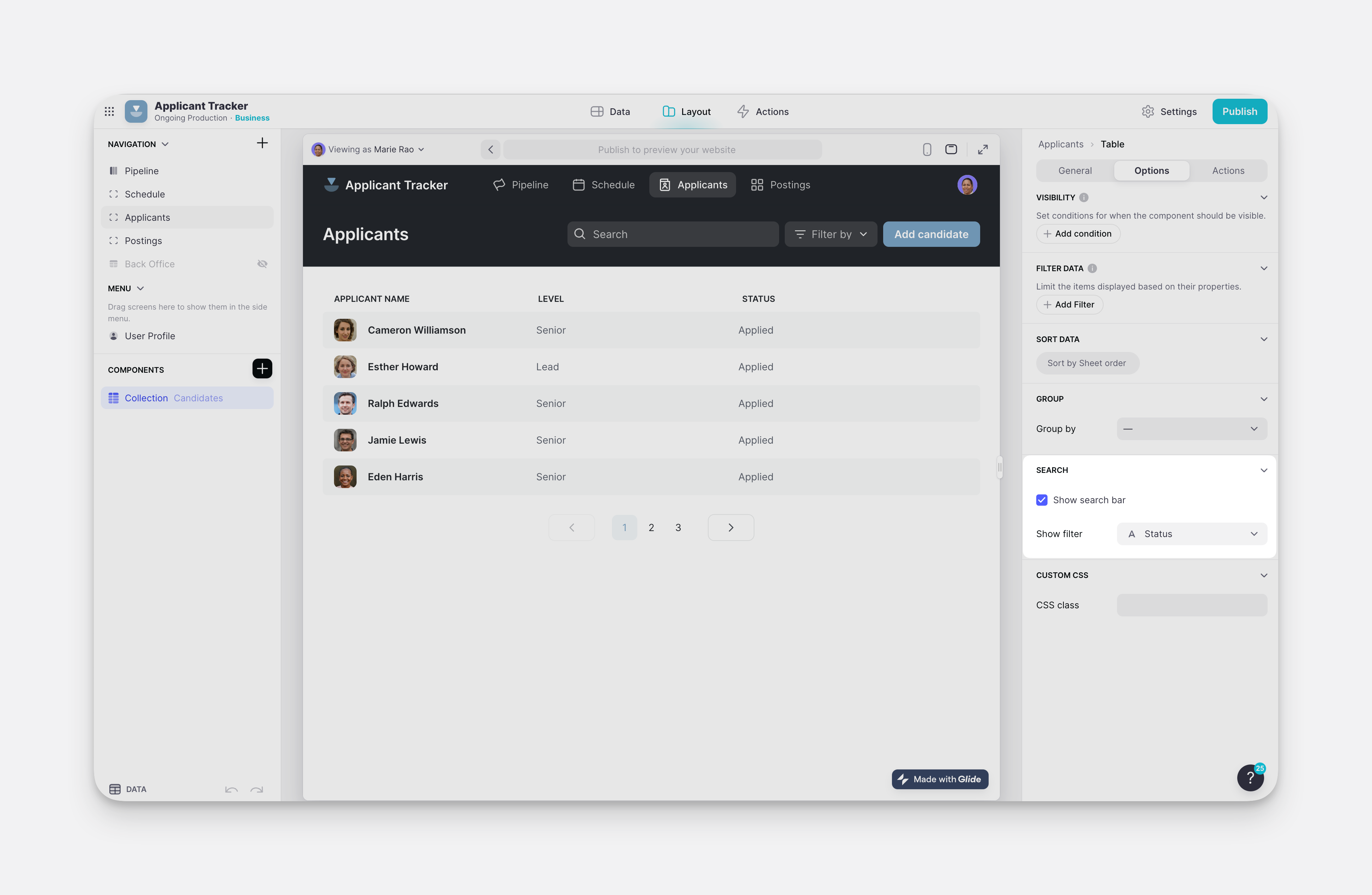 Configuring the Options section of the Collection Component