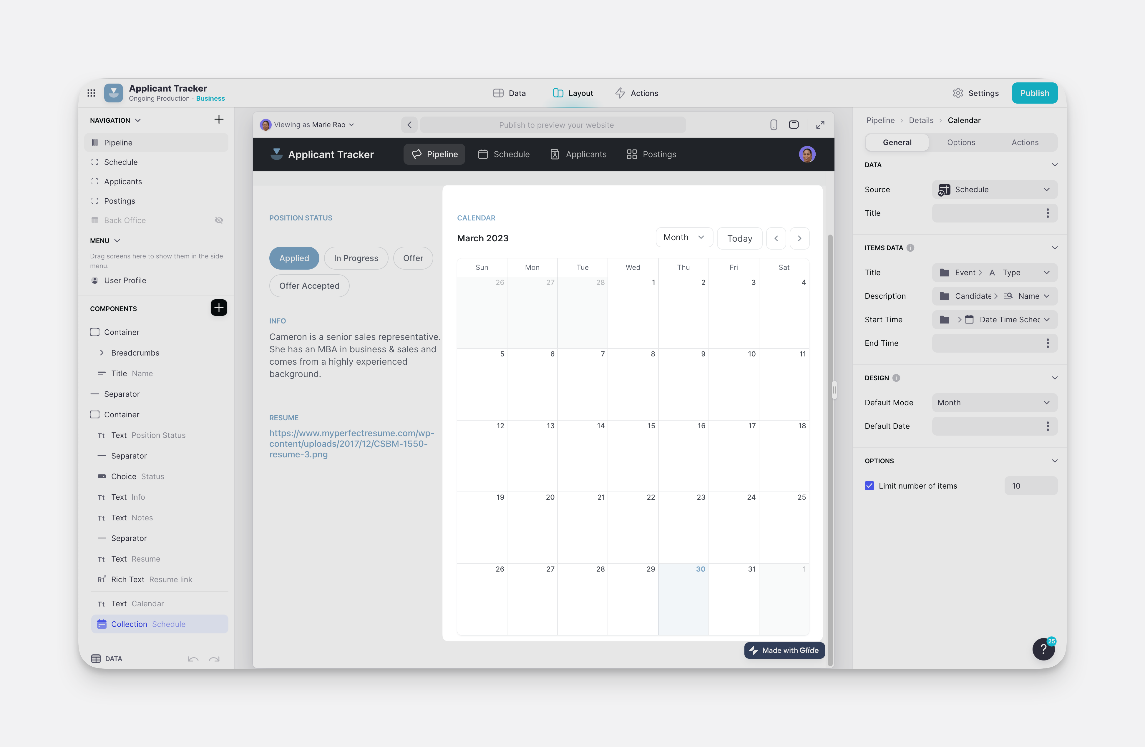 A use case of the Collection Component as the calendar view.