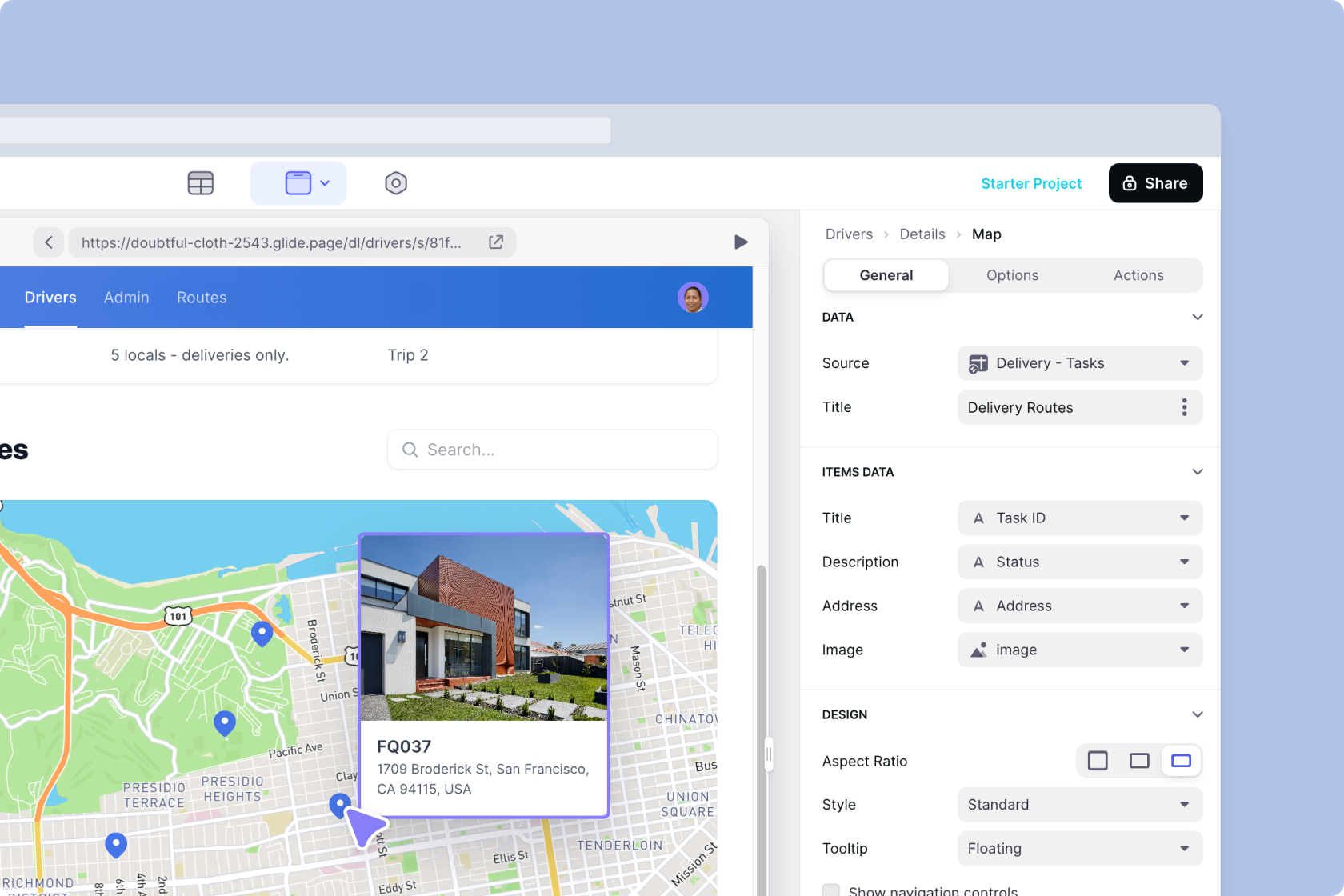Tooltip showing fields when a pin is clicked
