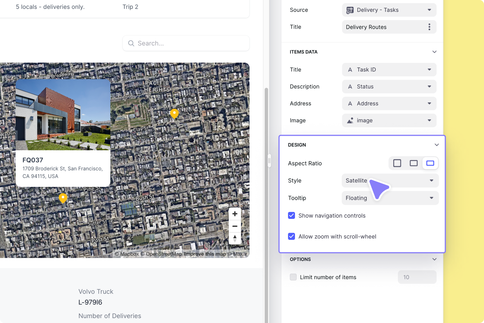 Design settings of the Map component