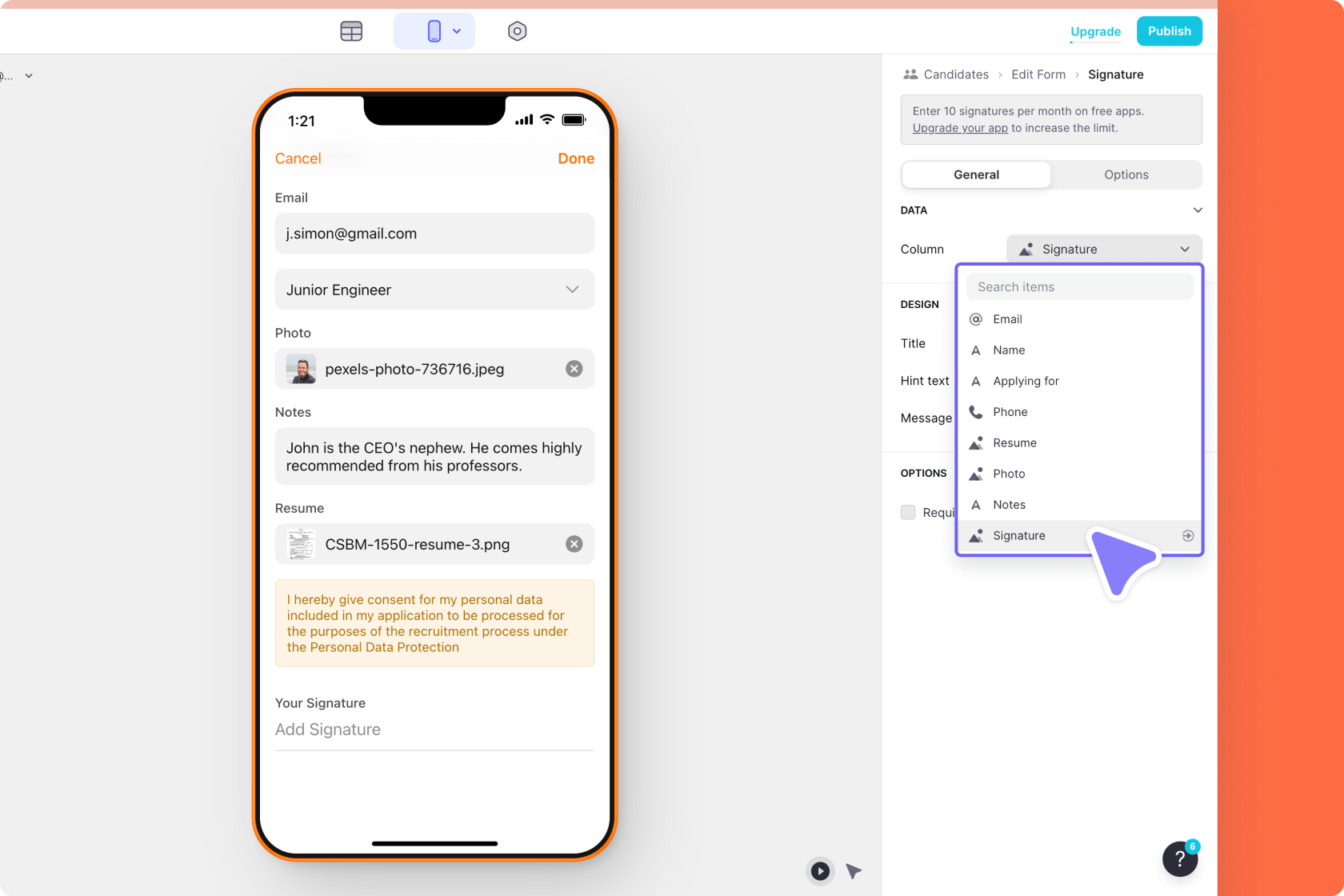 Selecting the column to write the signature to