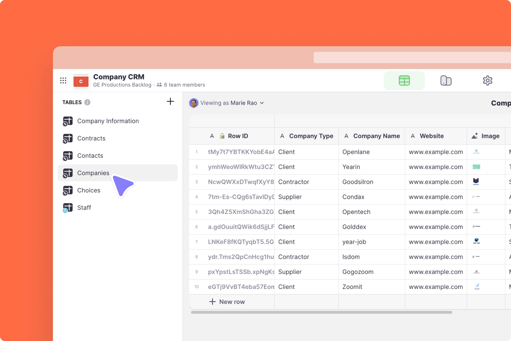 Choosing the data table to edit