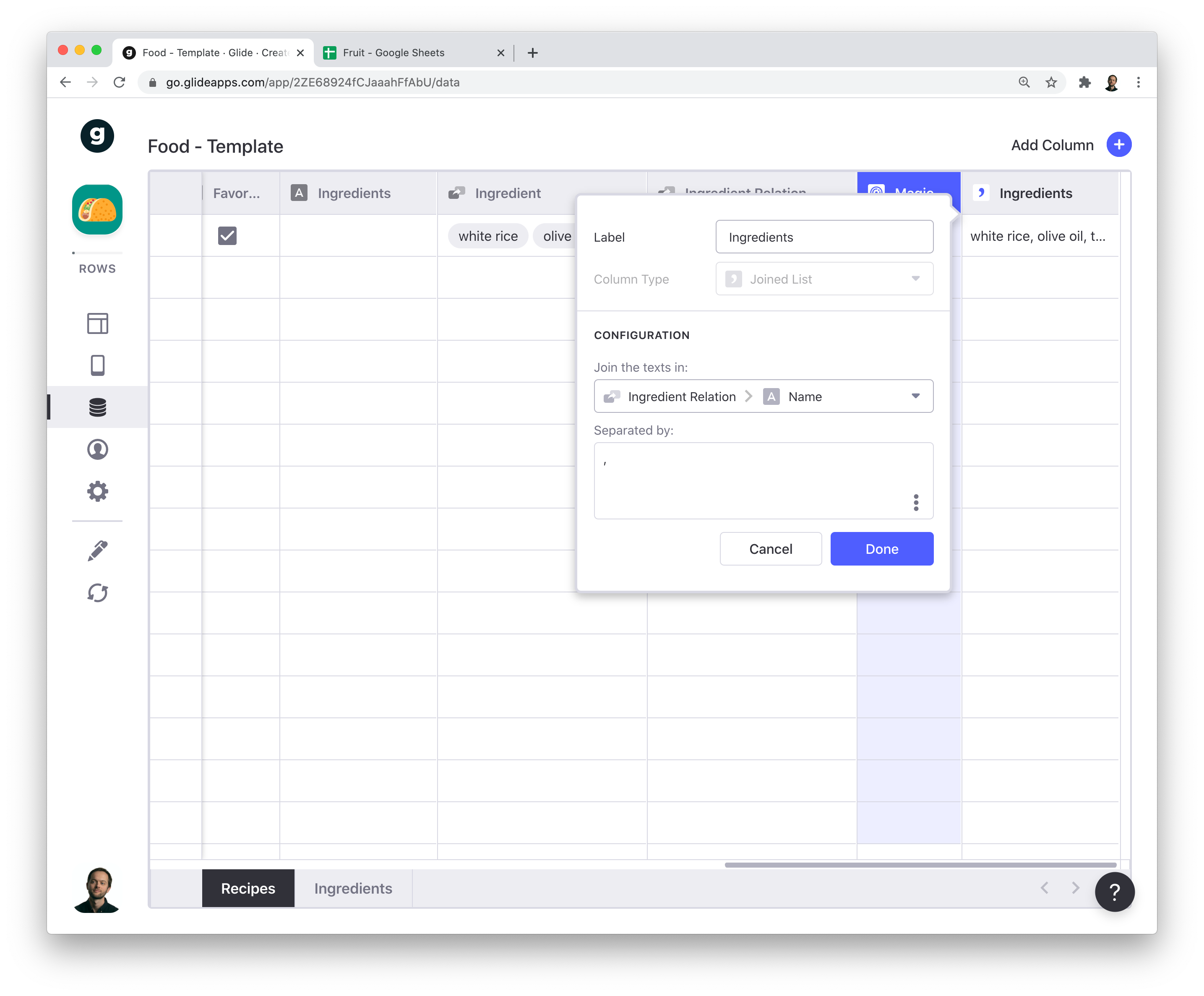 Using the Joined List column to join ingredients for a recipe
