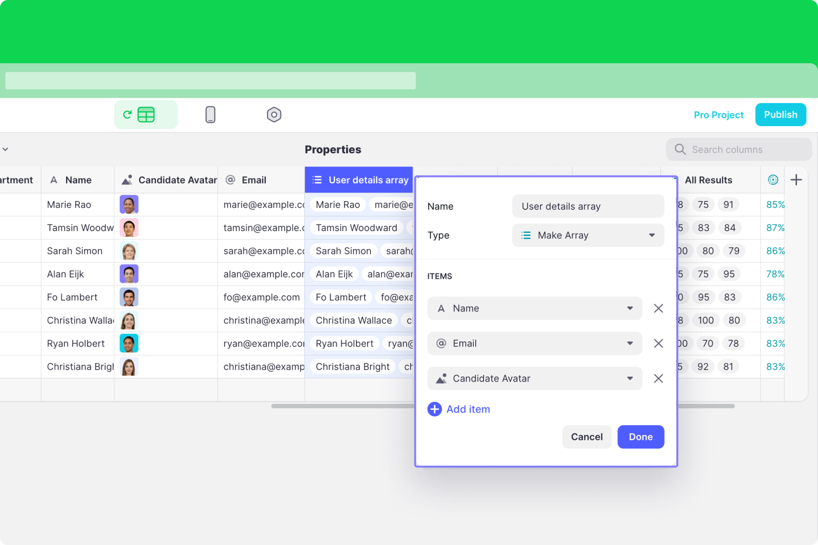 Selecting columns of different types for your array